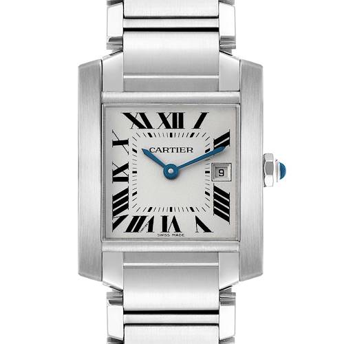 The Cartier Tank Francaise W51011Q3 Women's Stainless Steel Silver Dial watch is shown from the front, highlighting the case, dial, bracelet, and crown.
