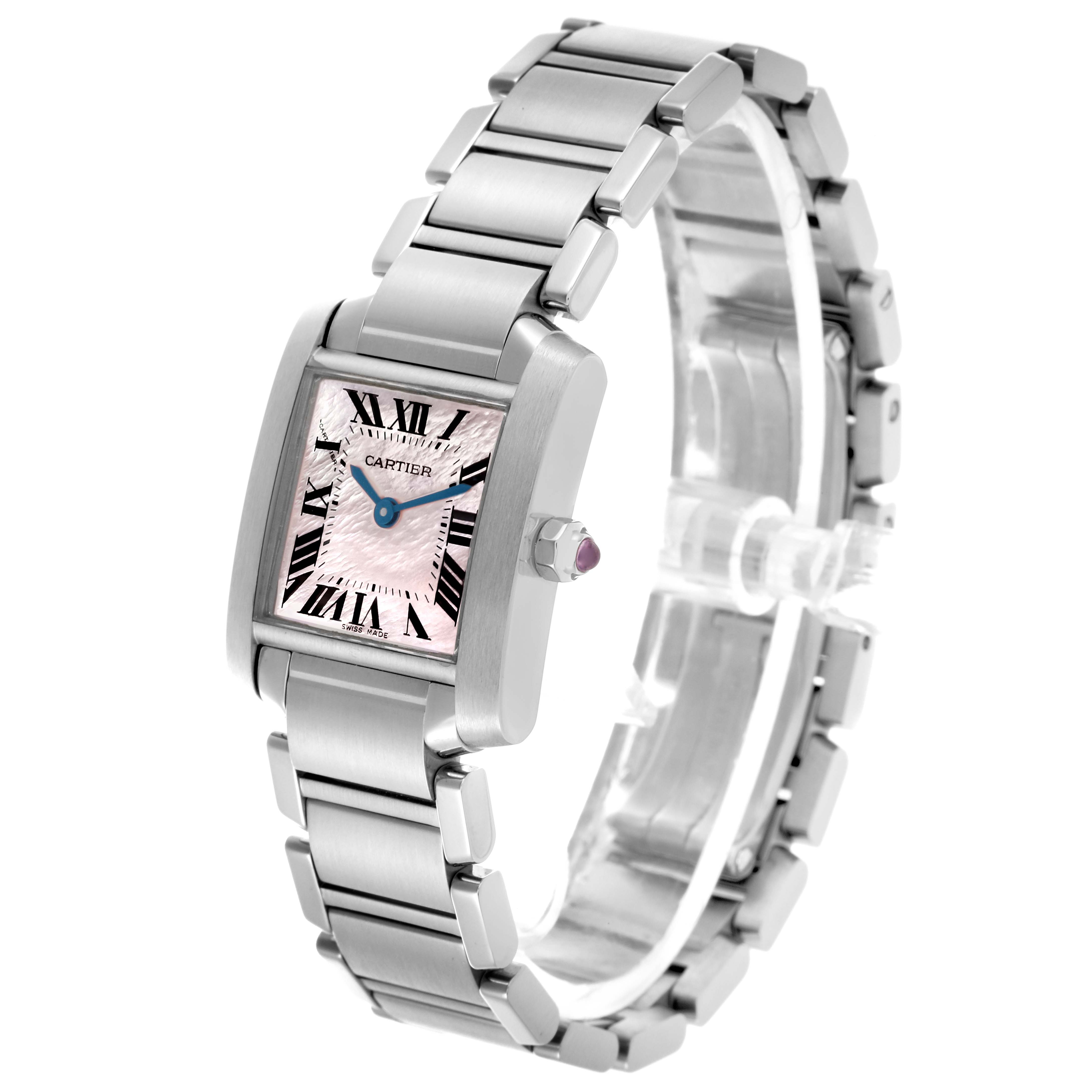 The Cartier Tank Francaise W51028Q3 Women's Stainless Steel Mother of Pearl Dial W51028Q3 Women's Stainless Steel Mother of Pearl Dial watch is shown at an oblique angle, displaying the face, bracelet, and crown.