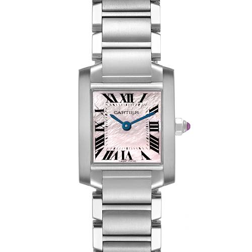 The Cartier Tank Française watch is shown from a front angle, displaying its face and bracelet.