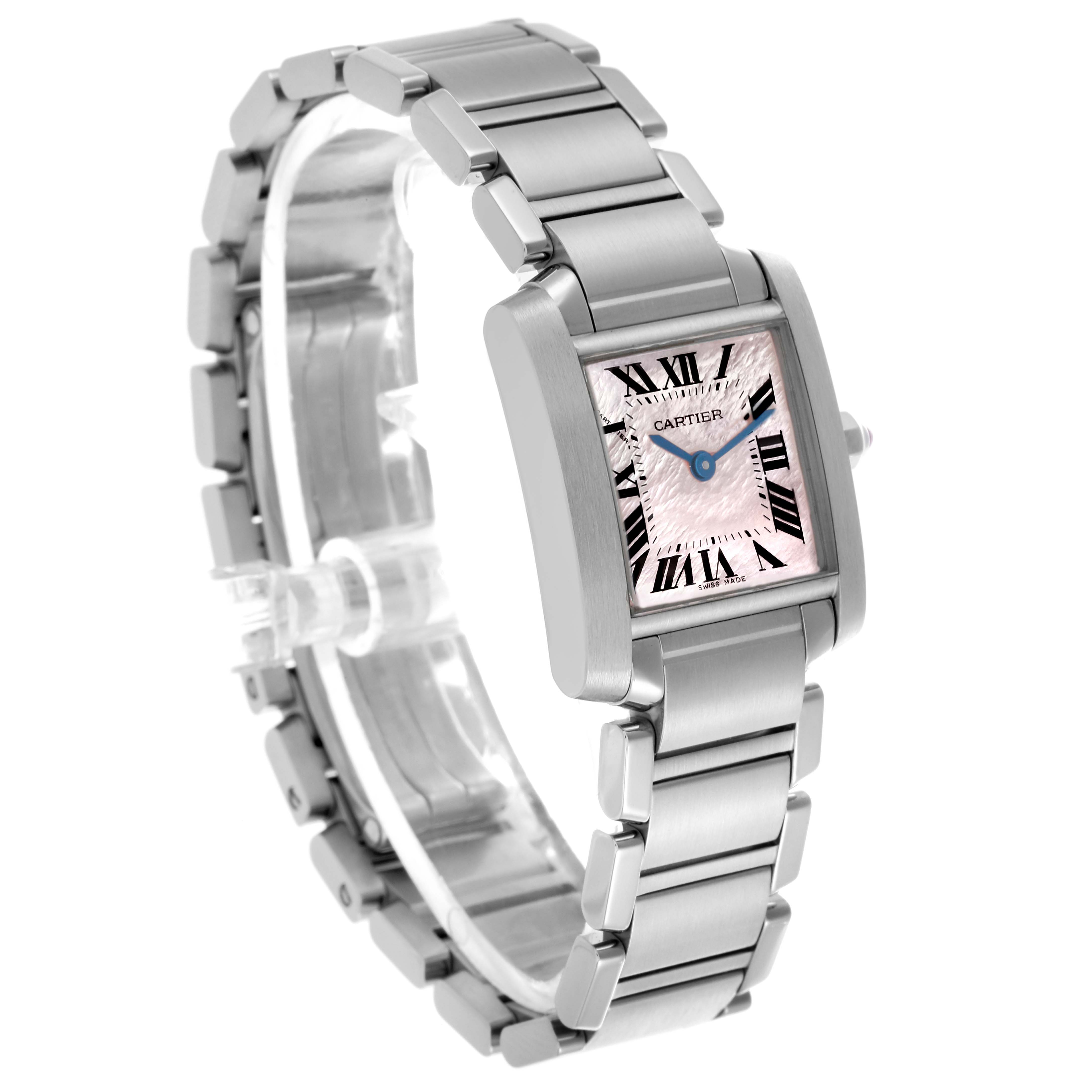 The Cartier Tank Française watch is shown at a three-quarter angle, displaying the face, case, and part of the bracelet.