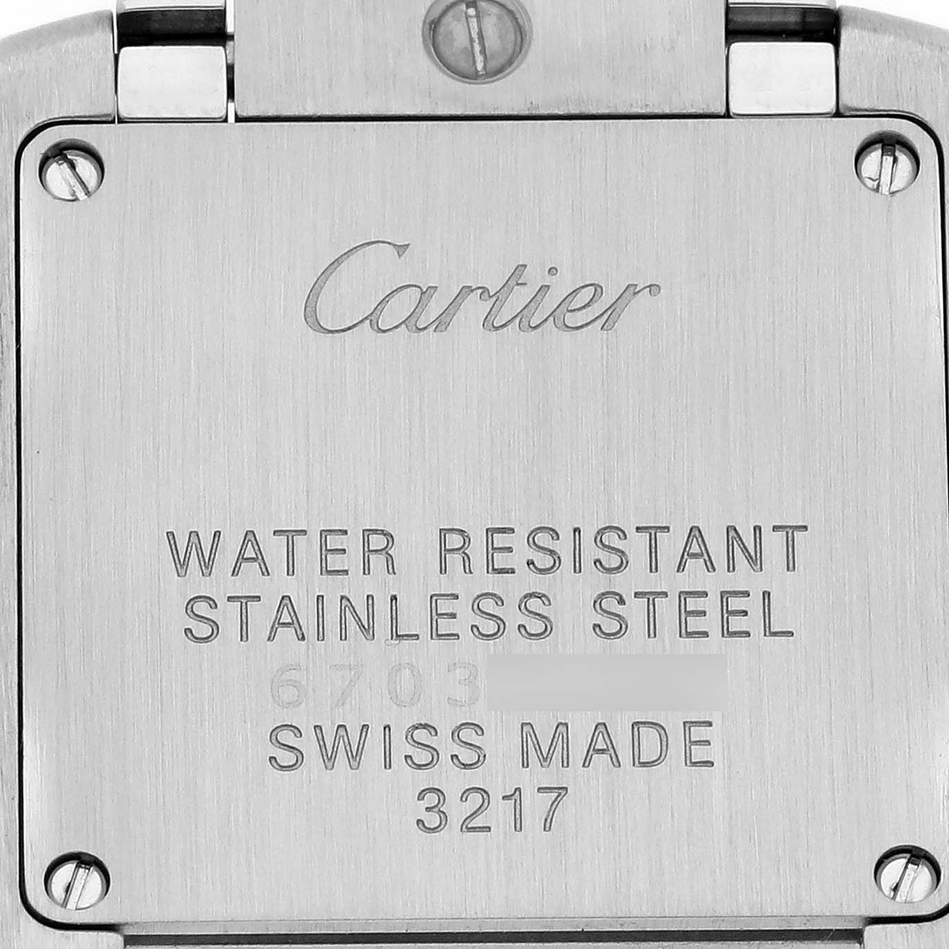 This image shows the back case of the Cartier Tank Française watch, highlighting its stainless steel and water-resistant features.