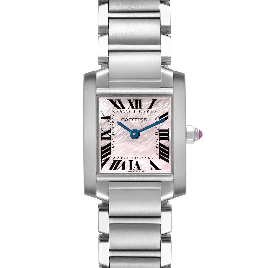 The image shows a front view of the Cartier Tank Française watch, highlighting its dial, crown, and metal bracelet.