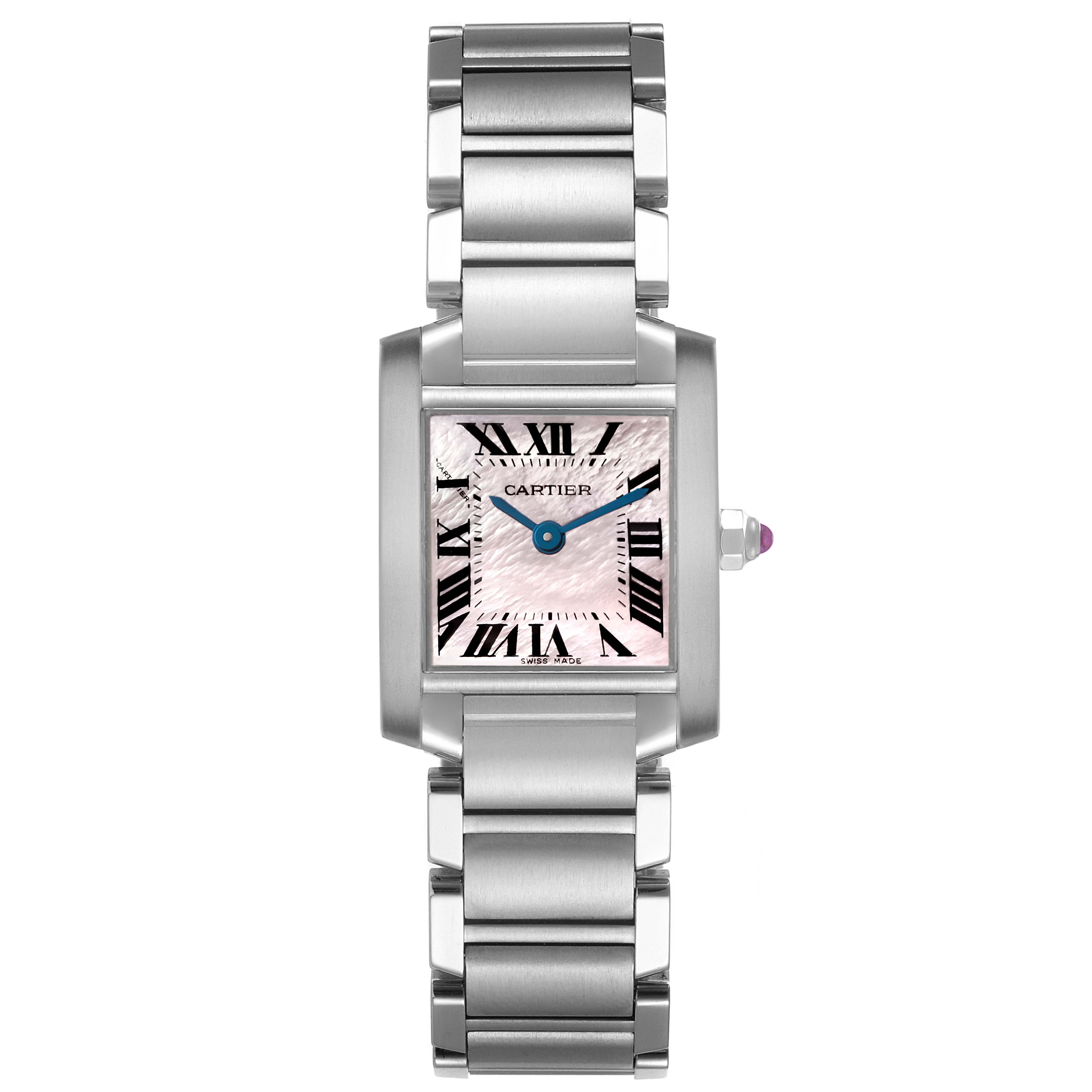 The Cartier Tank Francaise W51028Q3 Women's Stainless Steel Mother of Pearl Dial W51028Q3 Women's Stainless Steel Mother of Pearl Dial watch is shown from a top view, displaying its face, bracelet, and side crown.