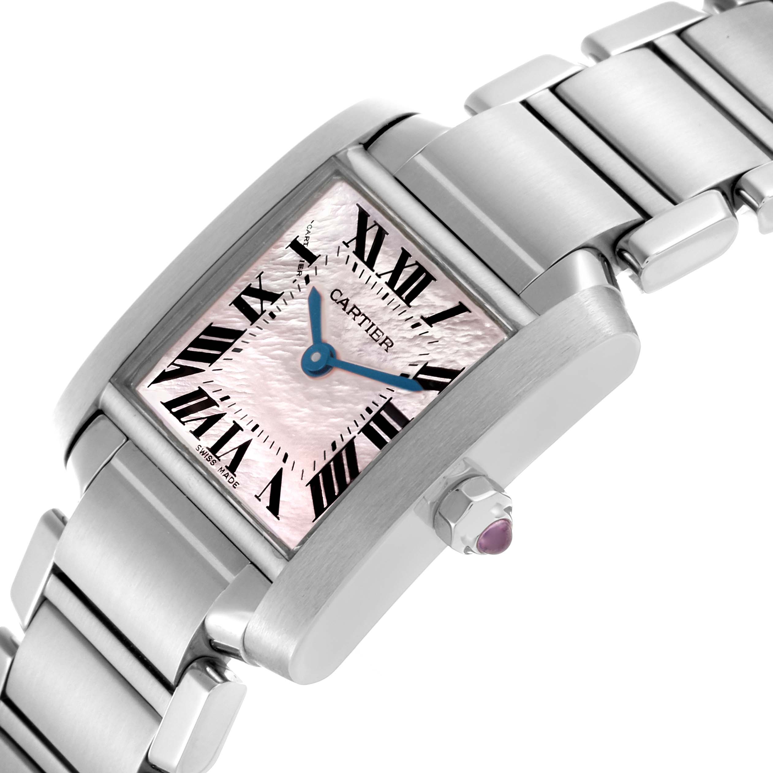 The Cartier Tank Francaise W51028Q3 Women's Stainless Steel Mother of Pearl Dial W51028Q3 Women's Stainless Steel Mother of Pearl Dial watch is shown at an angle highlighting the dial, crown, and bracelet.