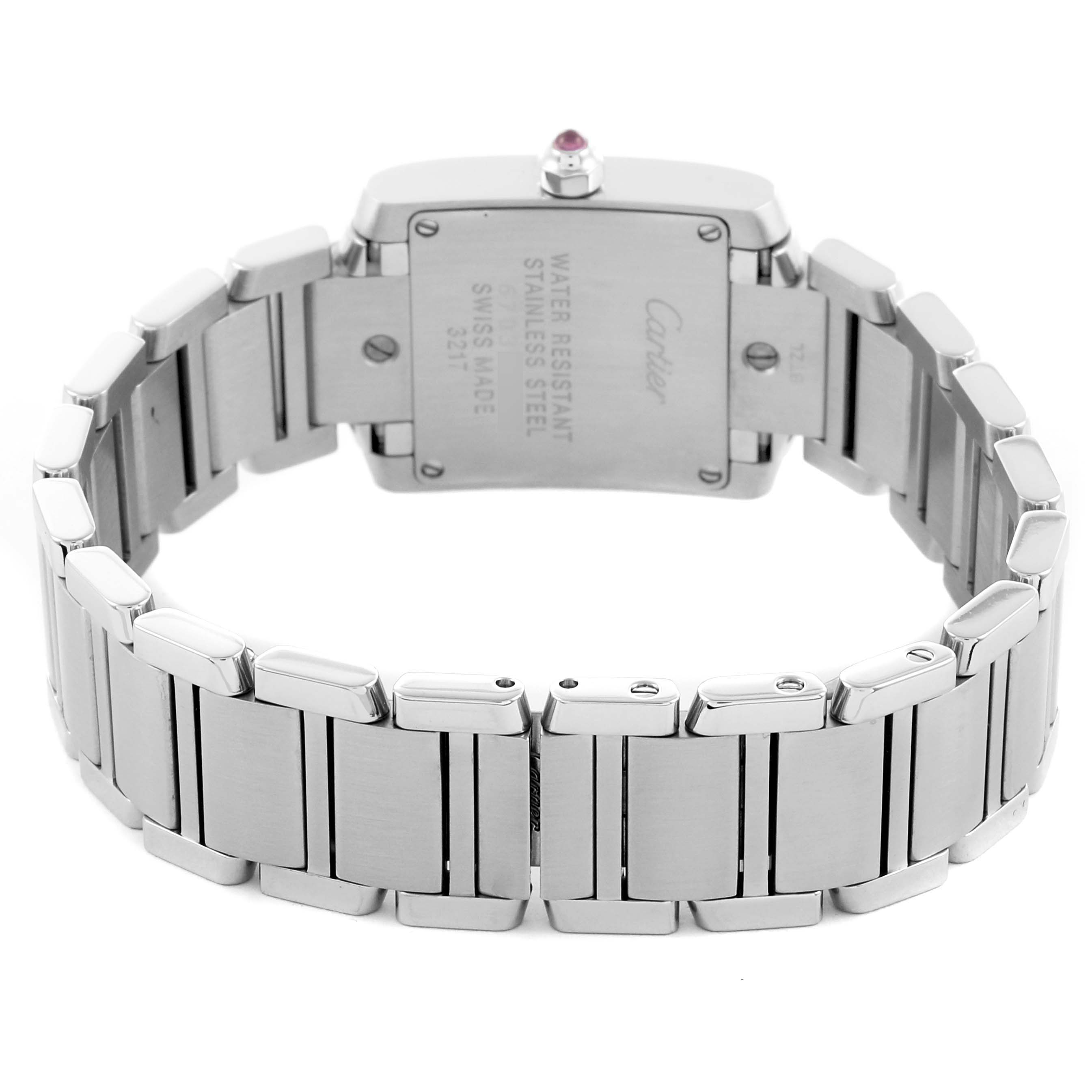 The Cartier Tank Francaise W51028Q3 Women's Stainless Steel Mother of Pearl Dial W51028Q3 Women's Stainless Steel Mother of Pearl Dial is shown from the back, highlighting the bracelet and case back.