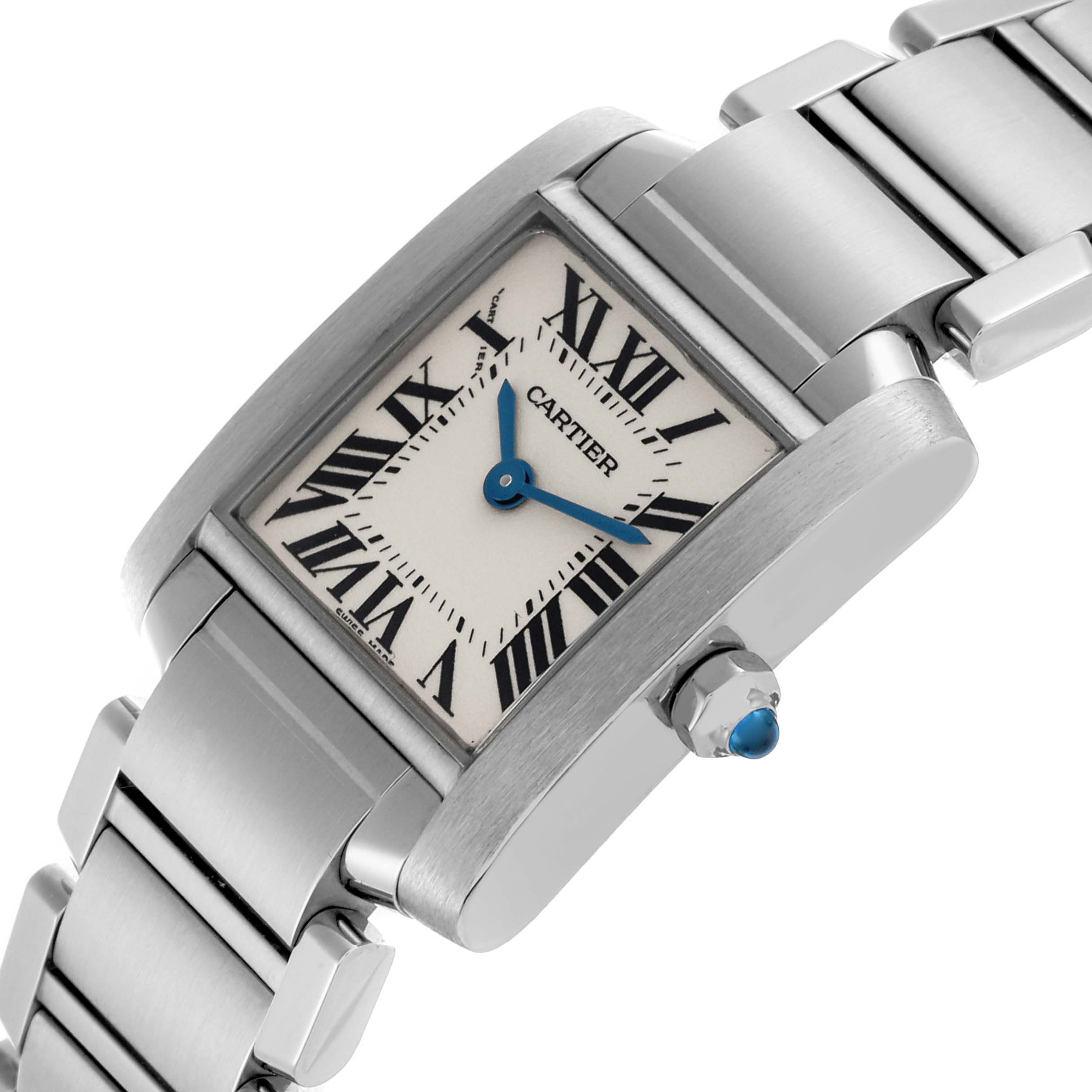 The Cartier Tank Française watch is shown at an angled close-up, highlighting the face, bezel, crown, and bracelet links.