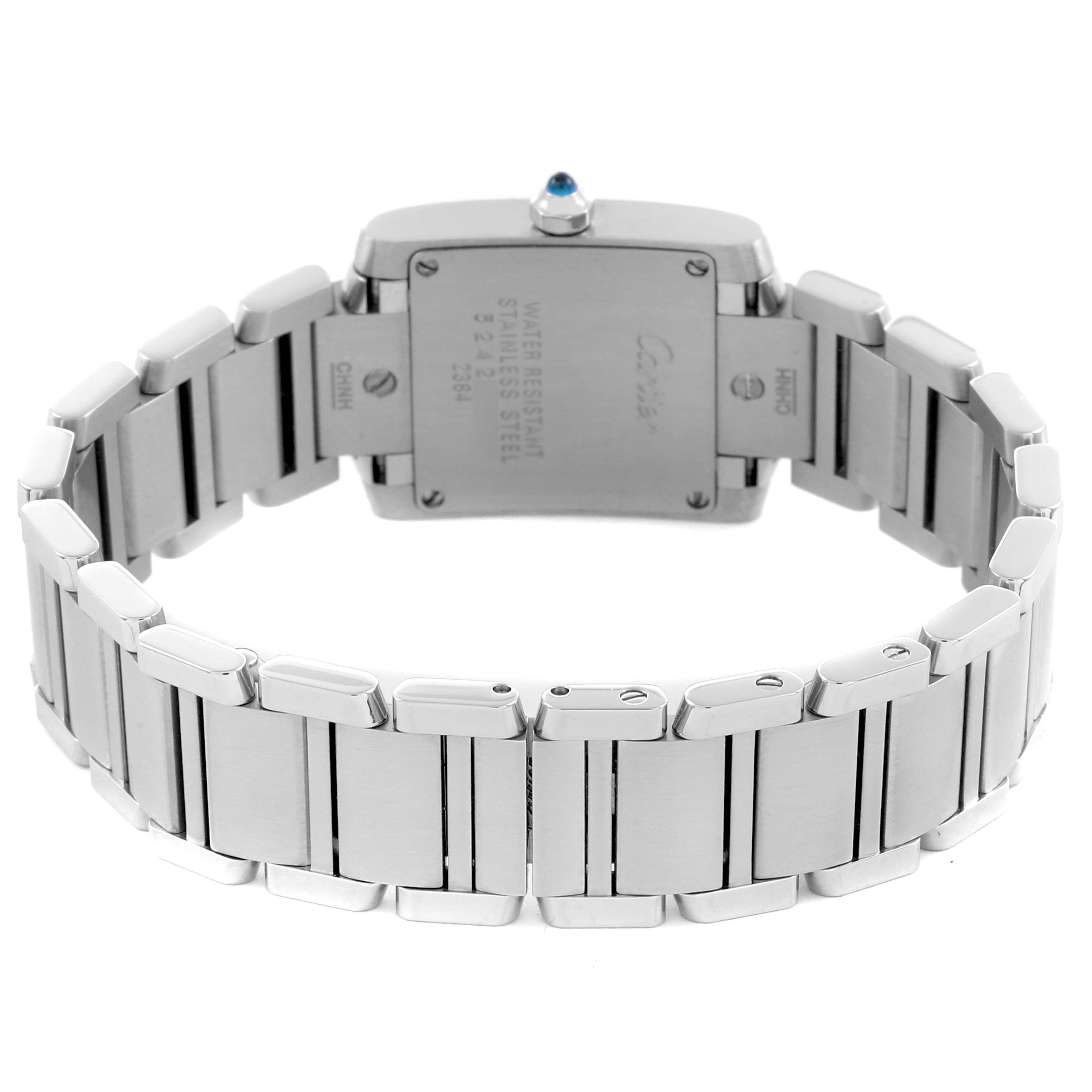 The image shows the back and clasp of the Cartier Tank Francaise W51008Q3 Women's Stainless Steel Silver Dial W51008Q3 Women's Stainless Steel Silver Dial watch, featuring a stainless steel bracelet and case back.