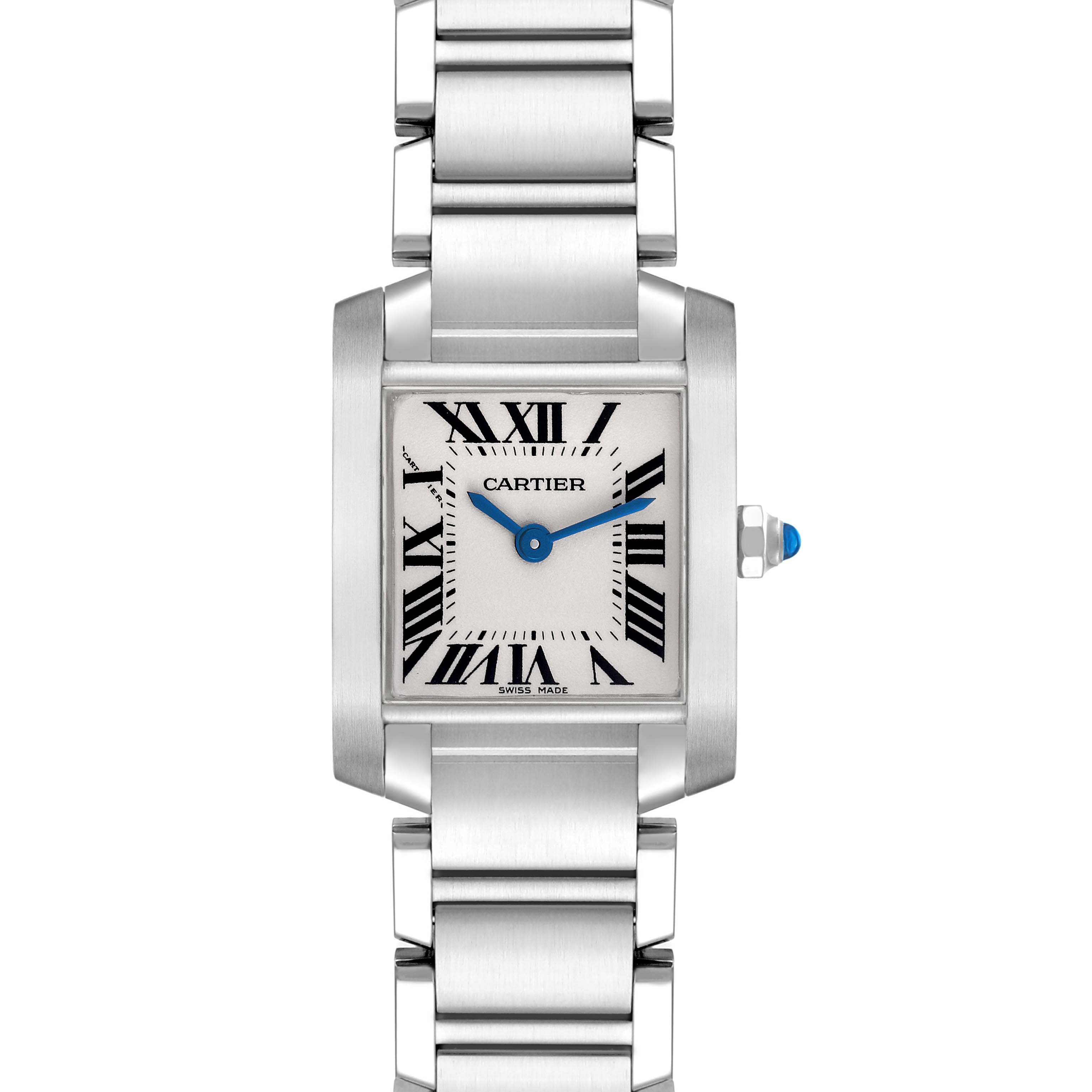 The Cartier Tank Francaise W51008Q3 Women's Stainless Steel Silver Dial W51008Q3 Women's Stainless Steel Silver Dial watch is shown from a frontal angle, displaying the face, crown, and bracelet.