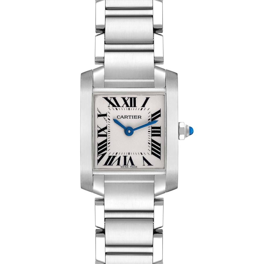 The Cartier Tank Francaise watch is shown from a frontal angle, displaying the face, crown, and bracelet.