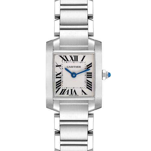 The Cartier Tank Française watch is shown from a front angle, displaying its face, roman numerals, and metal bracelet.