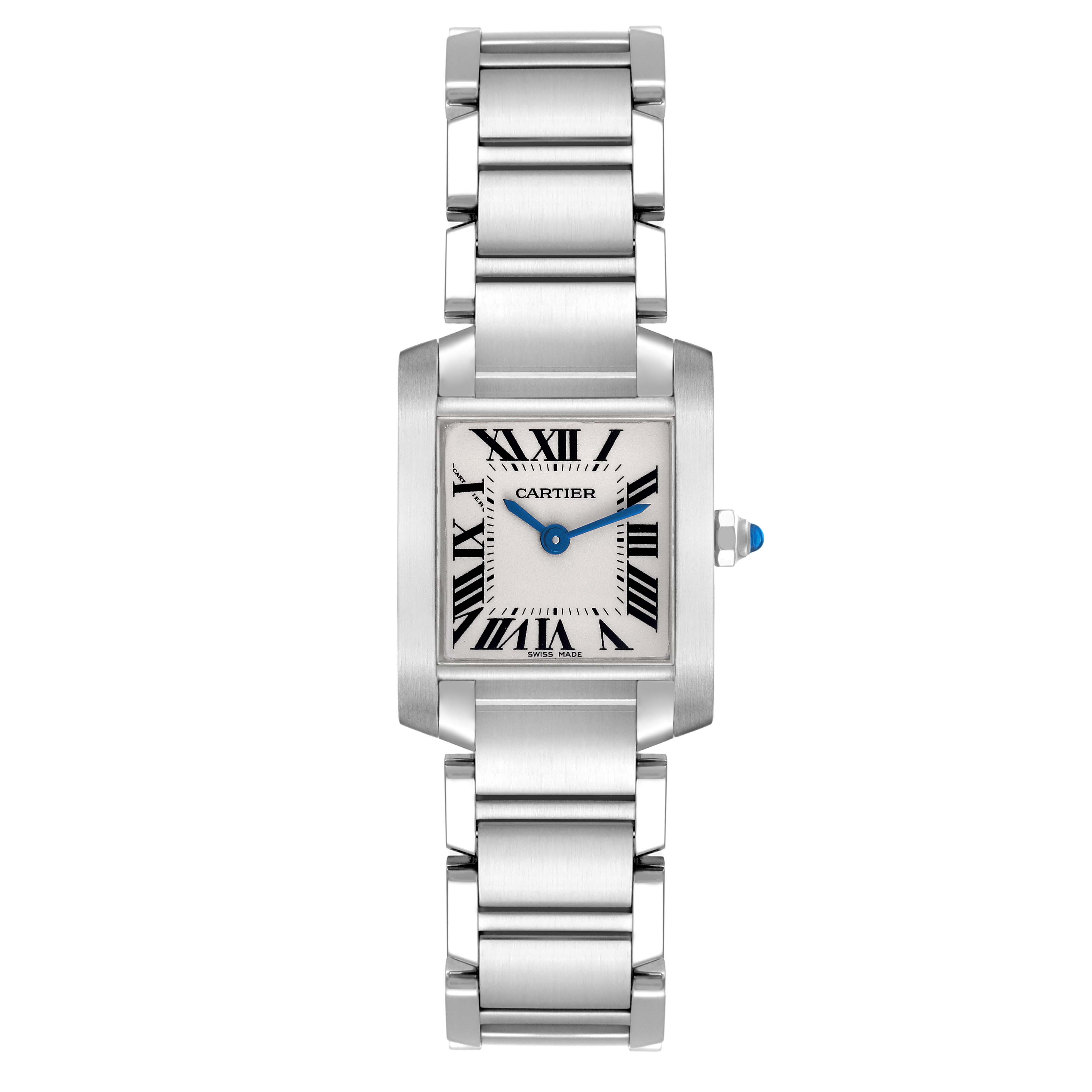The Cartier Tank Française watch is shown from a top-down angle, displaying the face and full bracelet.