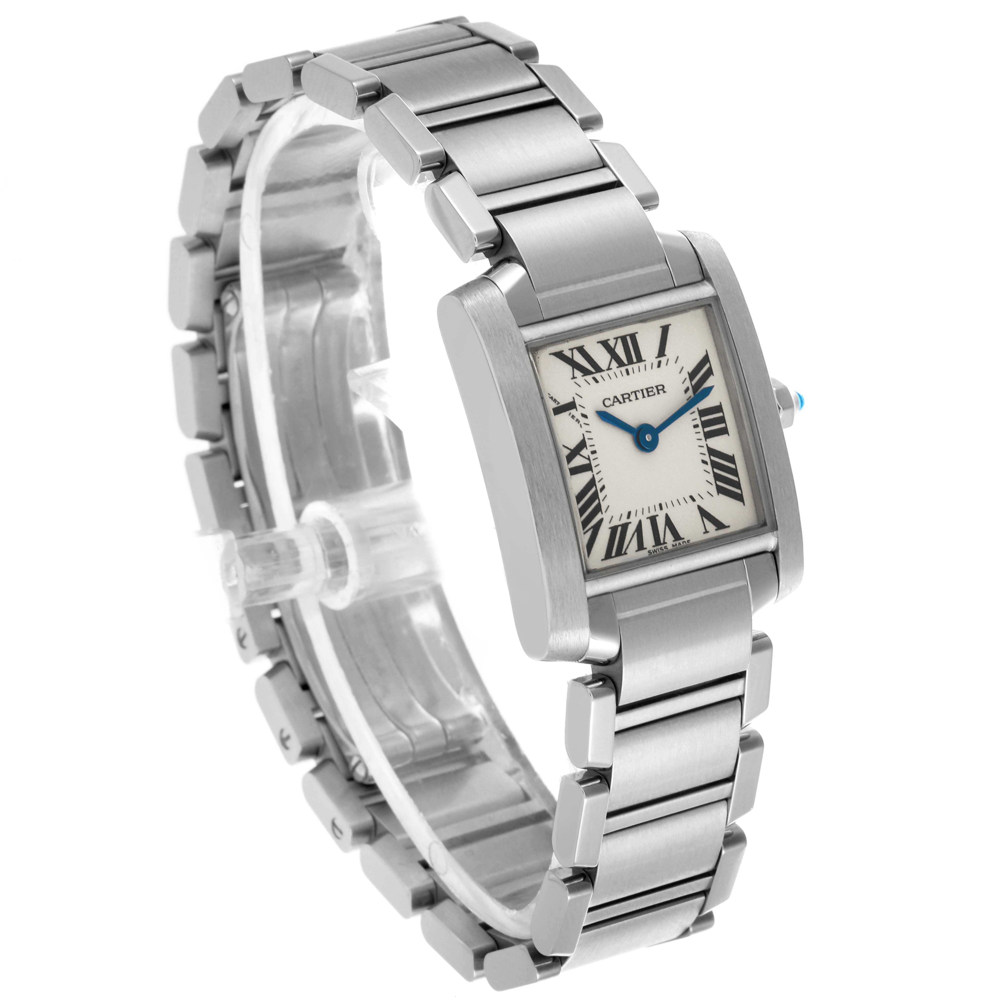 The Cartier Tank Française watch is shown at an angled view highlighting the bracelet, case, and Roman numeral dial.
