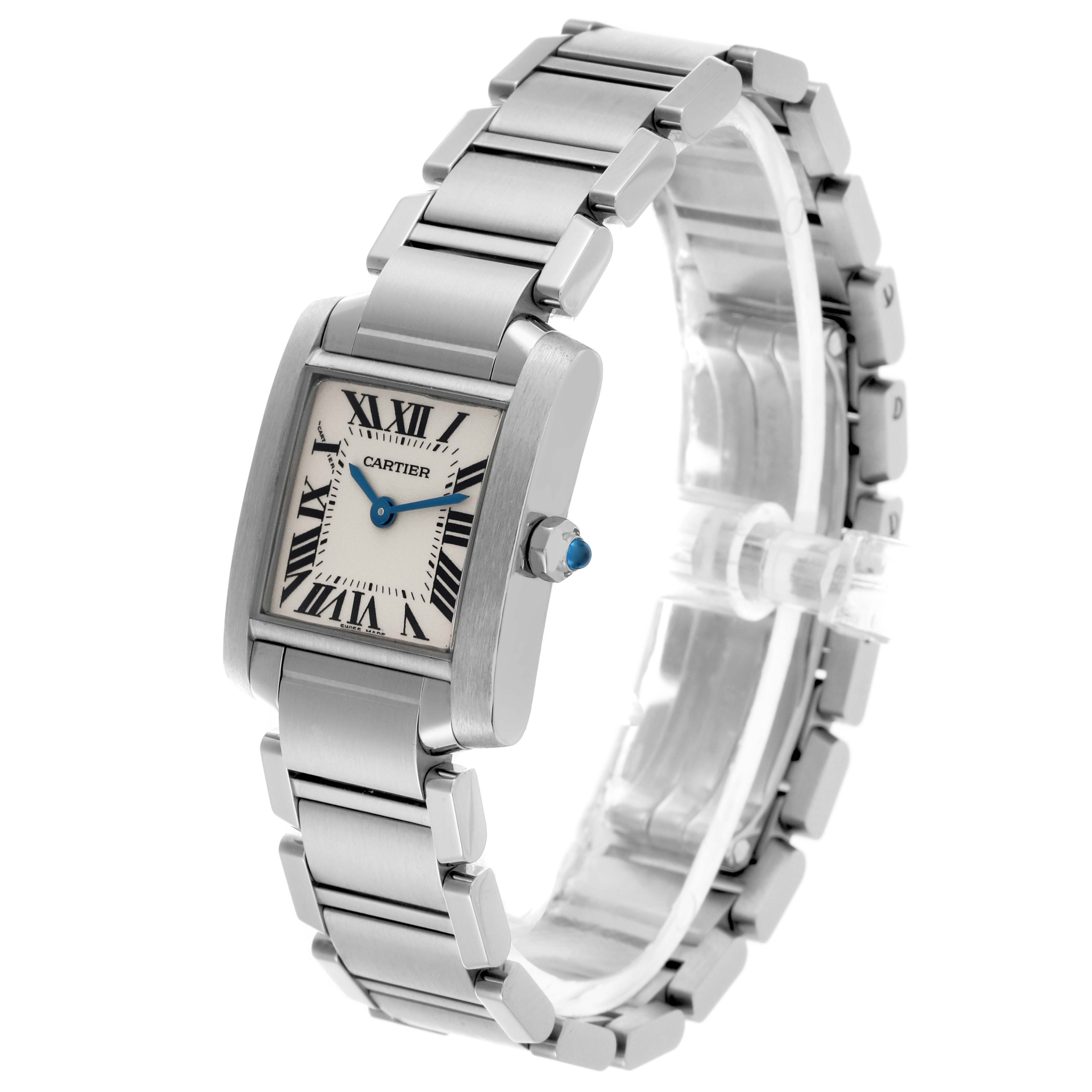 The Cartier Tank Française watch is shown at an angle, highlighting the bracelet, square case, Roman numeral dial, and blue spinel crown.