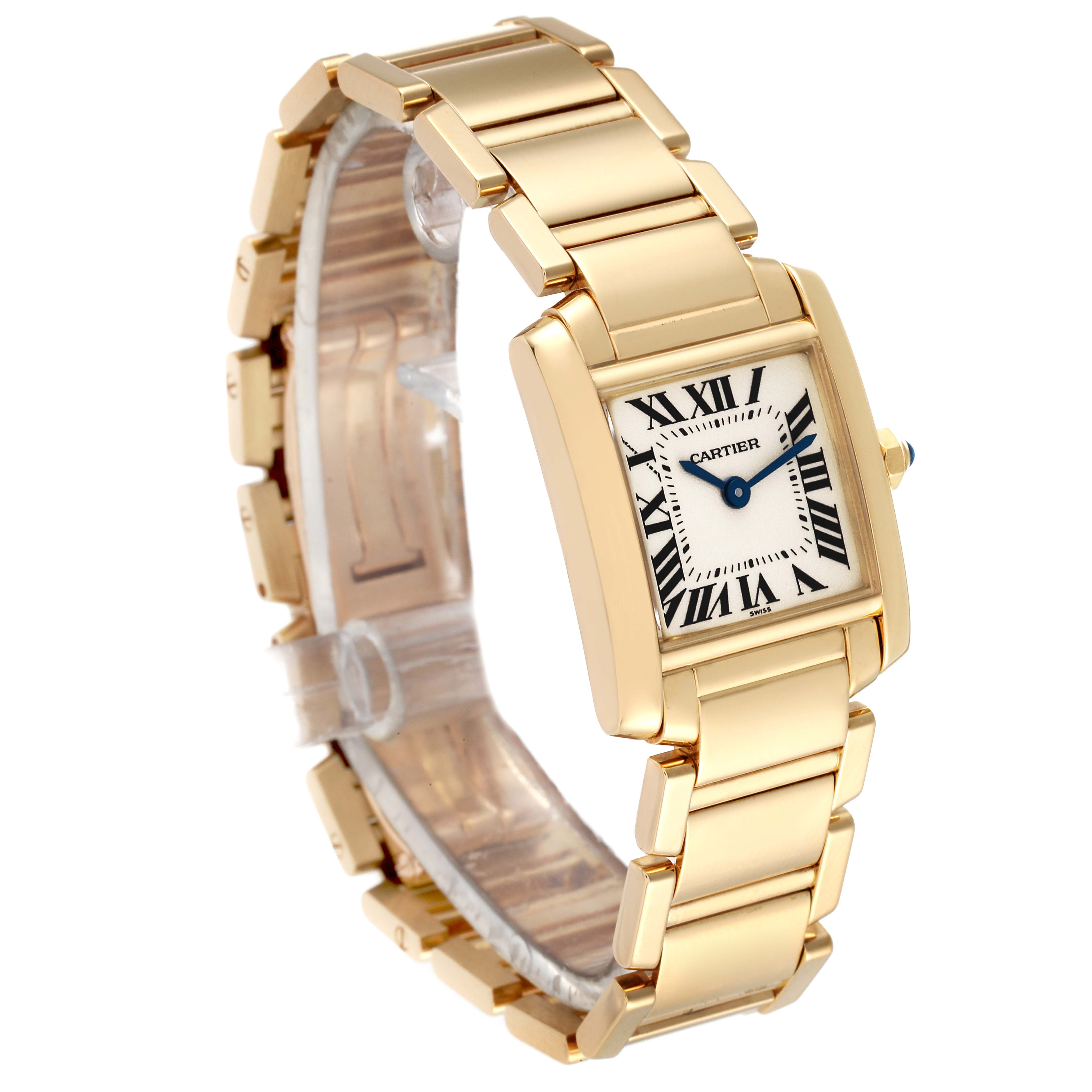 The image shows a Cartier Tank Francaise W50002N2 Women's Yellow Gold Silver Dial W50002N2 Women's Yellow Gold Silver Dial watch at an angle, highlighting the bracelet and square dial with Roman numerals.