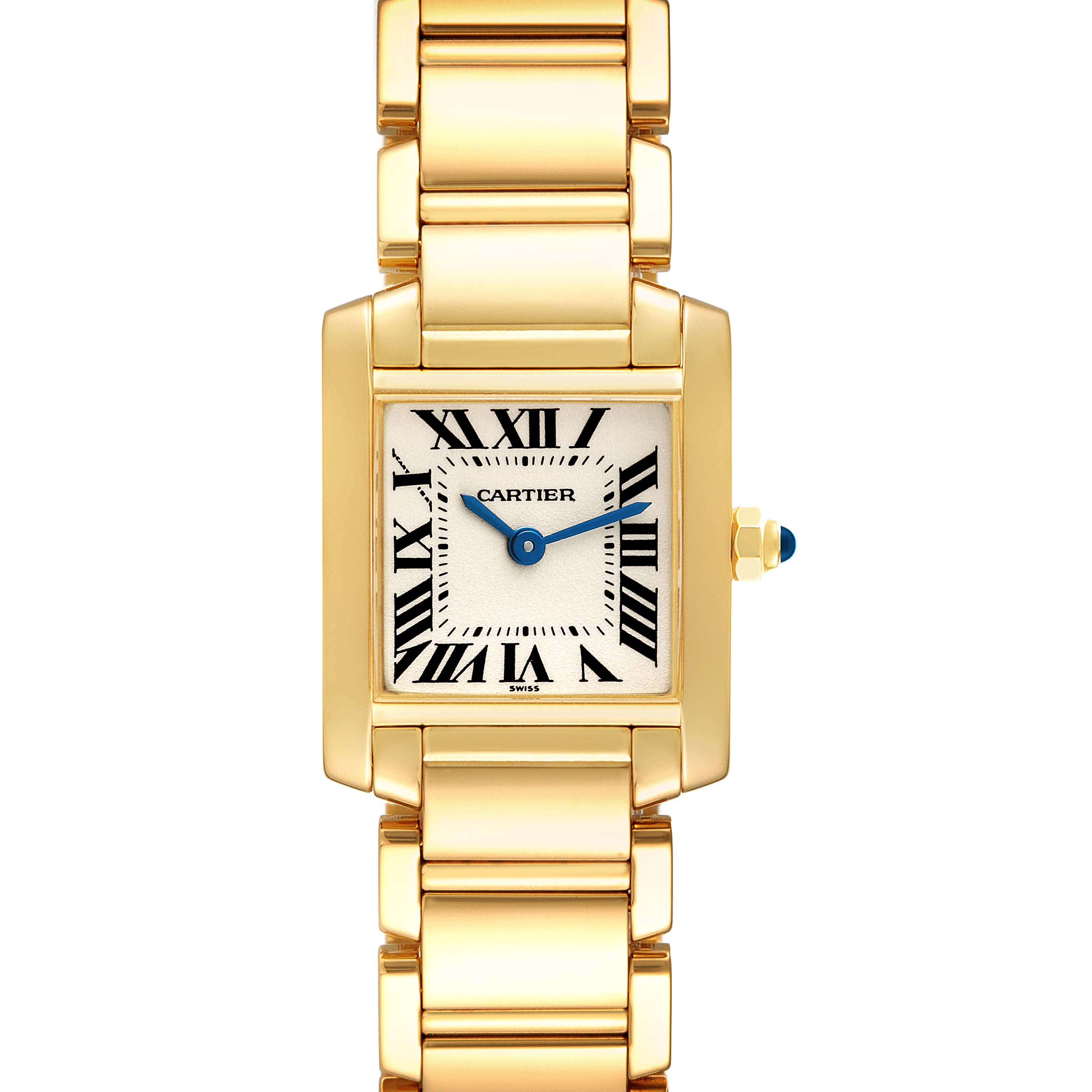 The image shows a front view of the Cartier Tank Francaise W50002N2 Women's Yellow Gold Silver Dial W50002N2 Women's Yellow Gold Silver Dial watch, featuring its gold rectangular case, bracelet, and dial with Roman numerals.