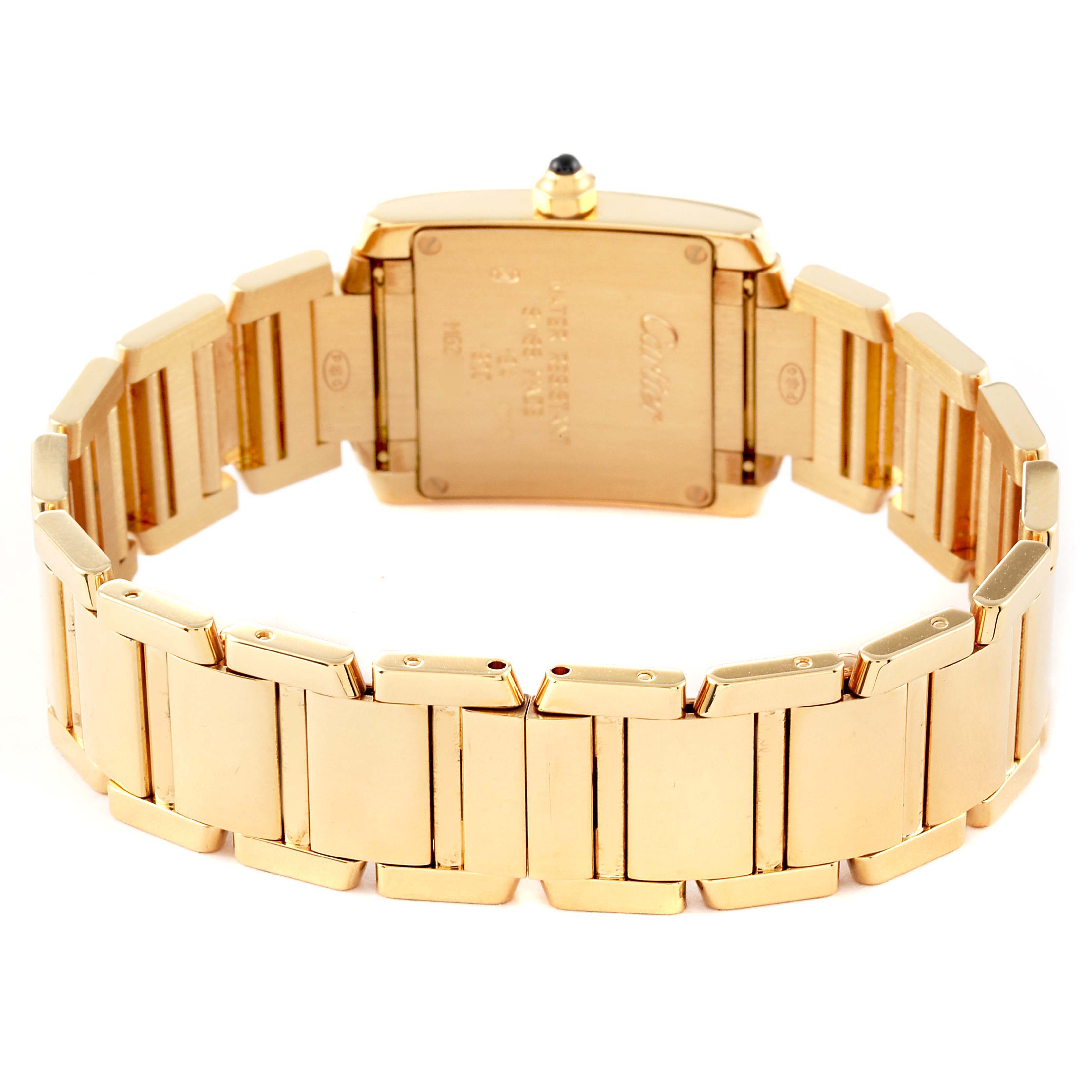 The image shows the back view of a Cartier Tank Francaise W50002N2 Women's Yellow Gold Silver Dial W50002N2 Women's Yellow Gold Silver Dial watch, highlighting its gold case and bracelet.
