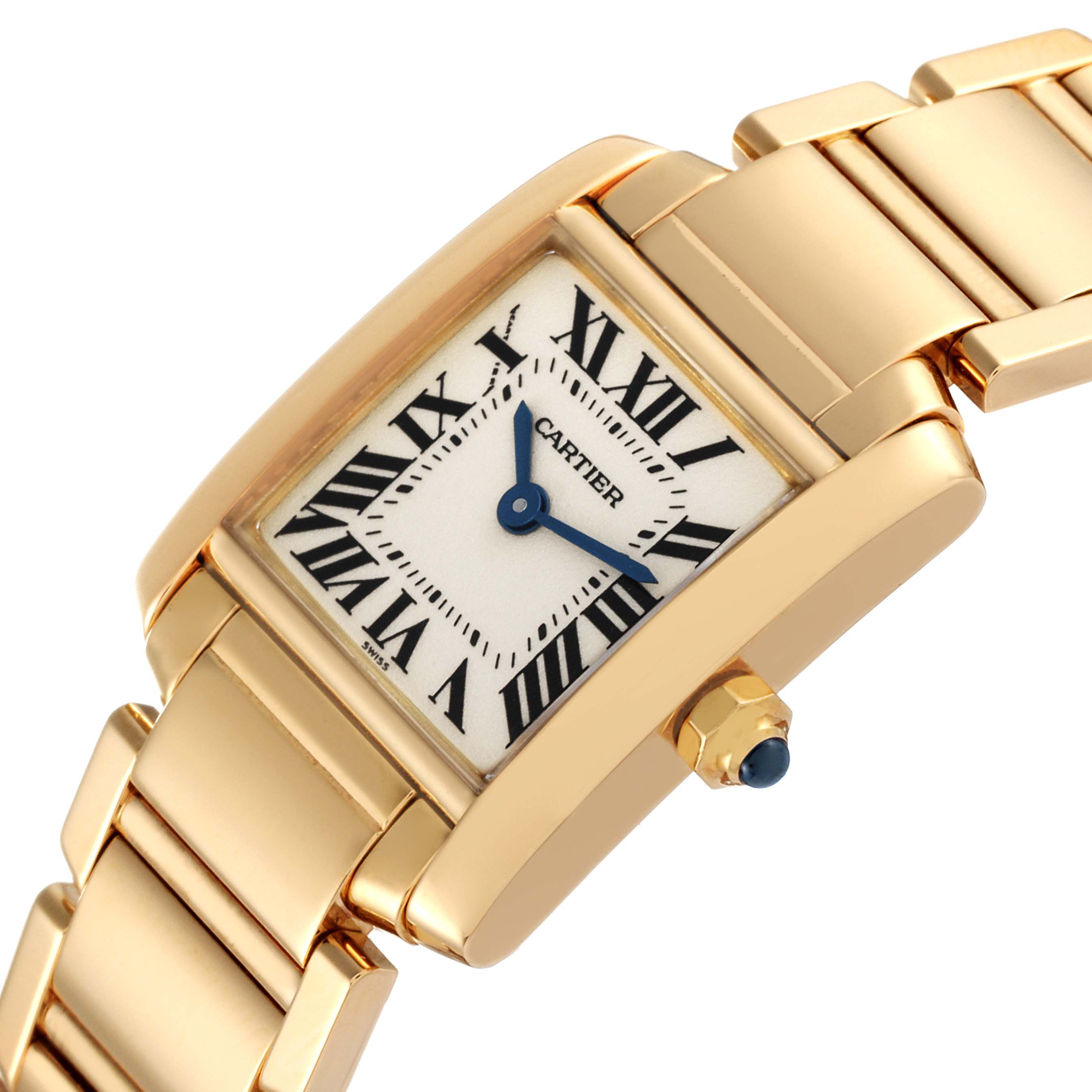 The Cartier Tank Francaise W50002N2 Women's Yellow Gold Silver Dial W50002N2 Women's Yellow Gold Silver Dial watch is shown at an angle, highlighting the face, Roman numerals, and gold strap.