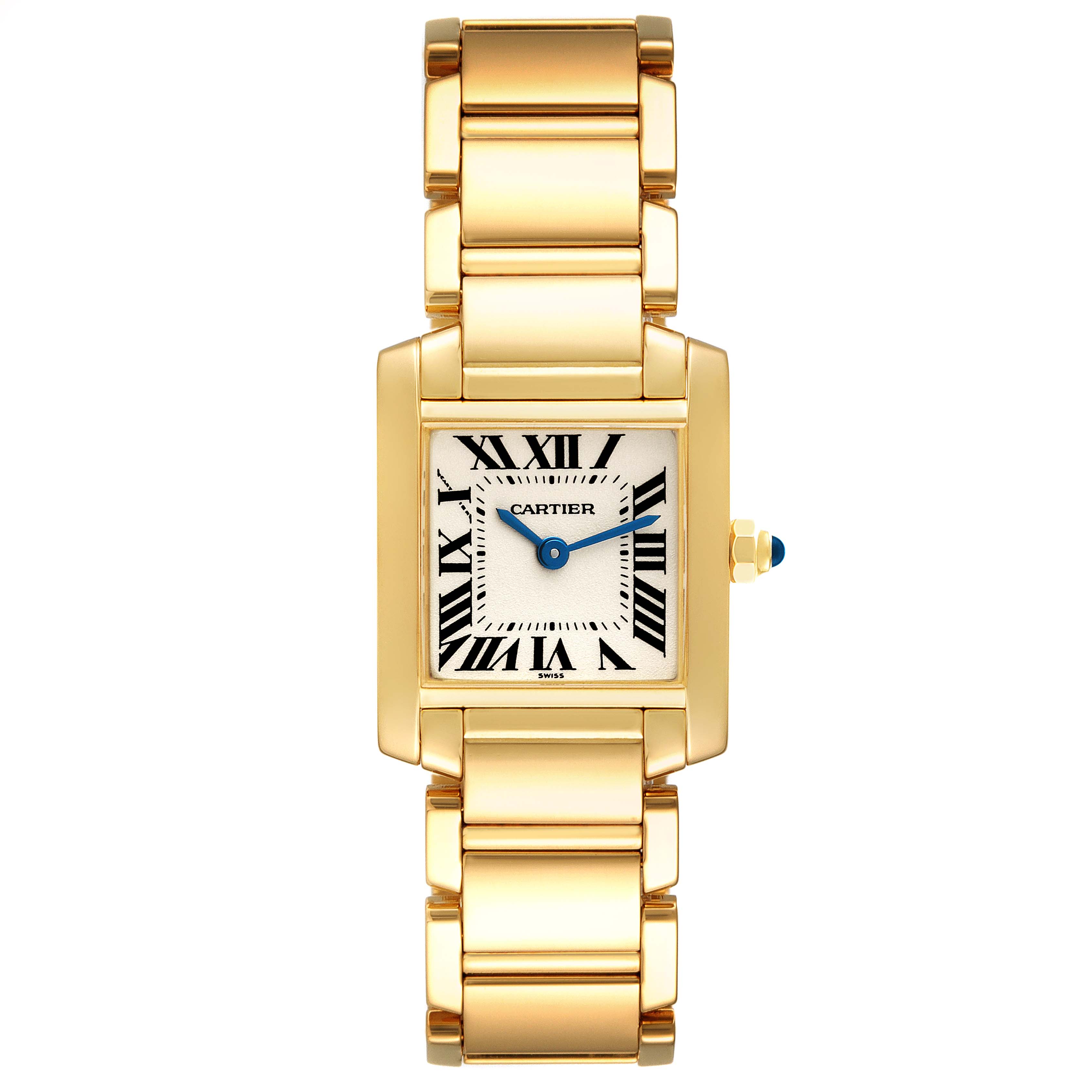 This image shows a front view of the Cartier Tank Francaise W50002N2 Women's Yellow Gold Silver Dial W50002N2 Women's Yellow Gold Silver Dial watch, highlighting its gold case, bracelet, and Roman numeral dial.
