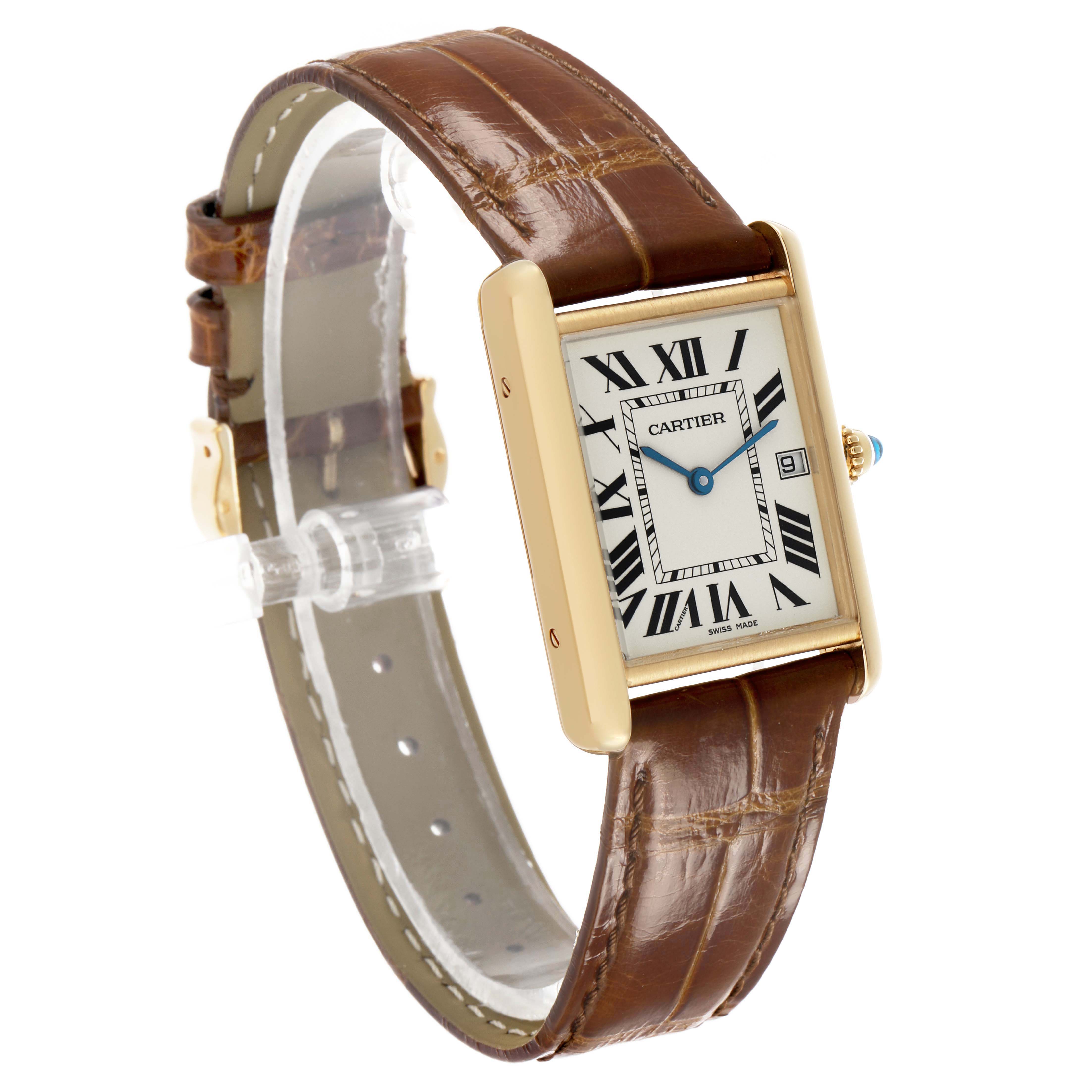 The Cartier Tank Louis W1529756 Men's Yellow Gold Silver Dial watch is shown at an oblique angle highlighting the face, strap, and side crown.