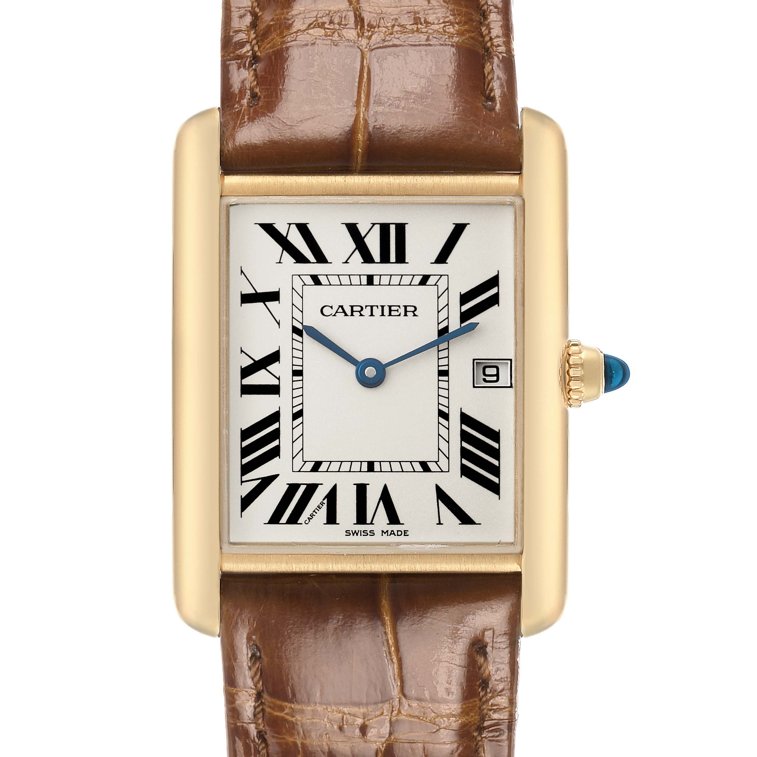 The Cartier Tank Louis W1529756 Men's Yellow Gold Silver Dial watch is shown from a straight-on angle, highlighting the face, crown, and brown leather strap.