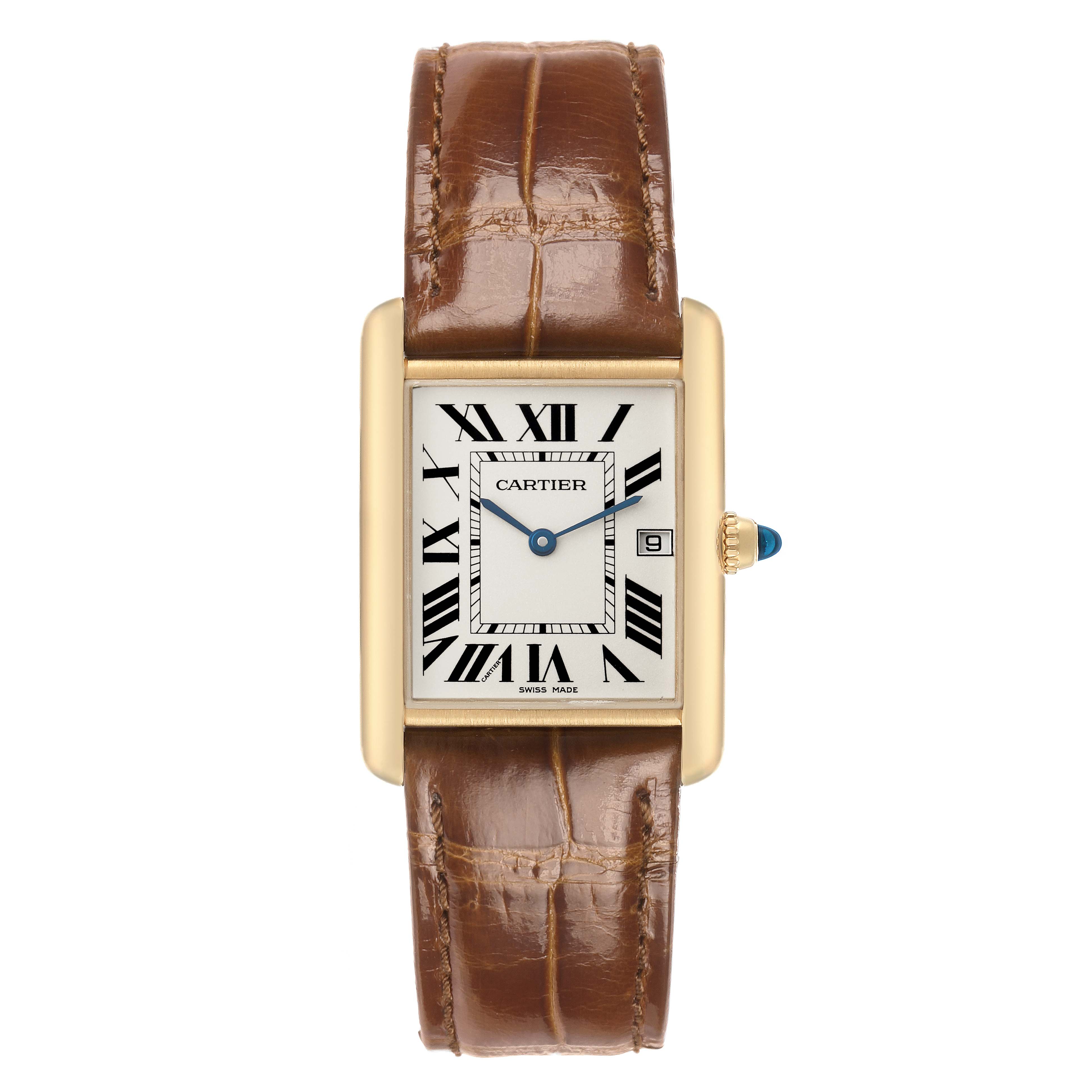 The Cartier Tank Louis W1529756 Men's Yellow Gold Silver Dial watch is shown from a top view, highlighting its rectangular face, Roman numerals, and brown leather strap.