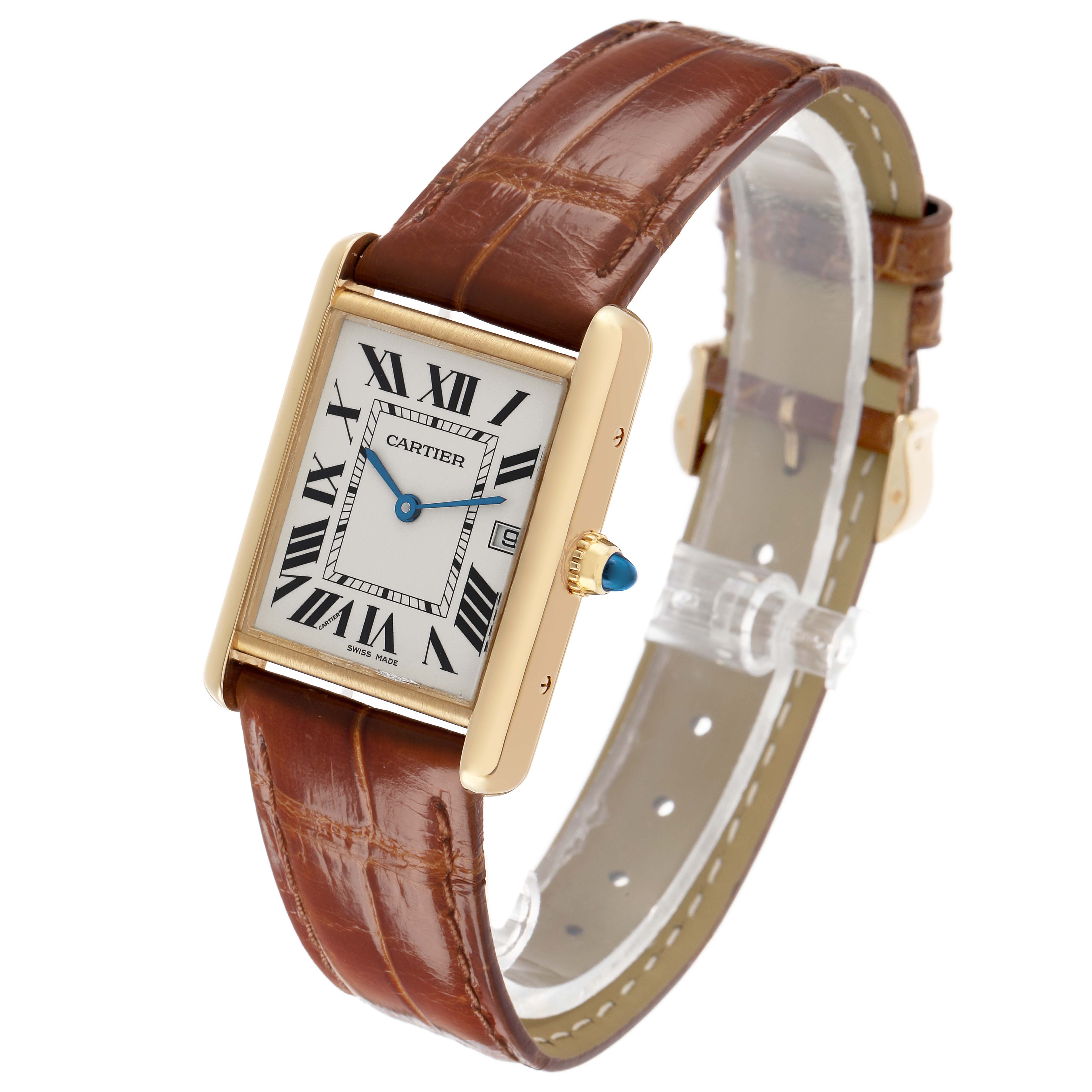 The Cartier Tank Louis W1529756 Men's Yellow Gold Silver Dial watch is shown at a side angle, highlighting the face, crown, and leather strap.