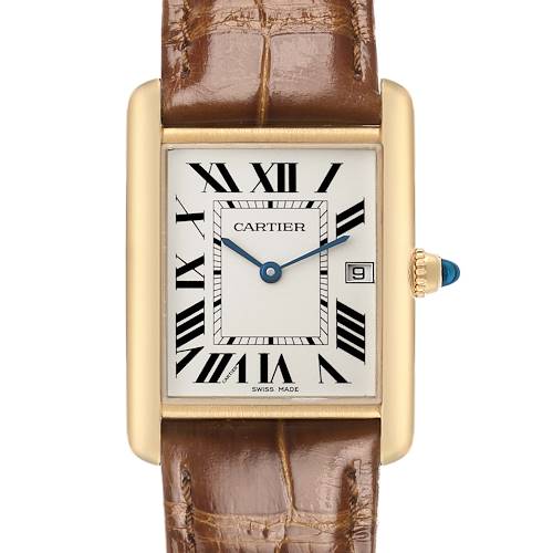 The Cartier Tank Louis W1529756 Men's Yellow Gold Silver Dial watch is shown from the front, displaying the dial, Roman numerals, blue hands, crown, and brown leather strap.