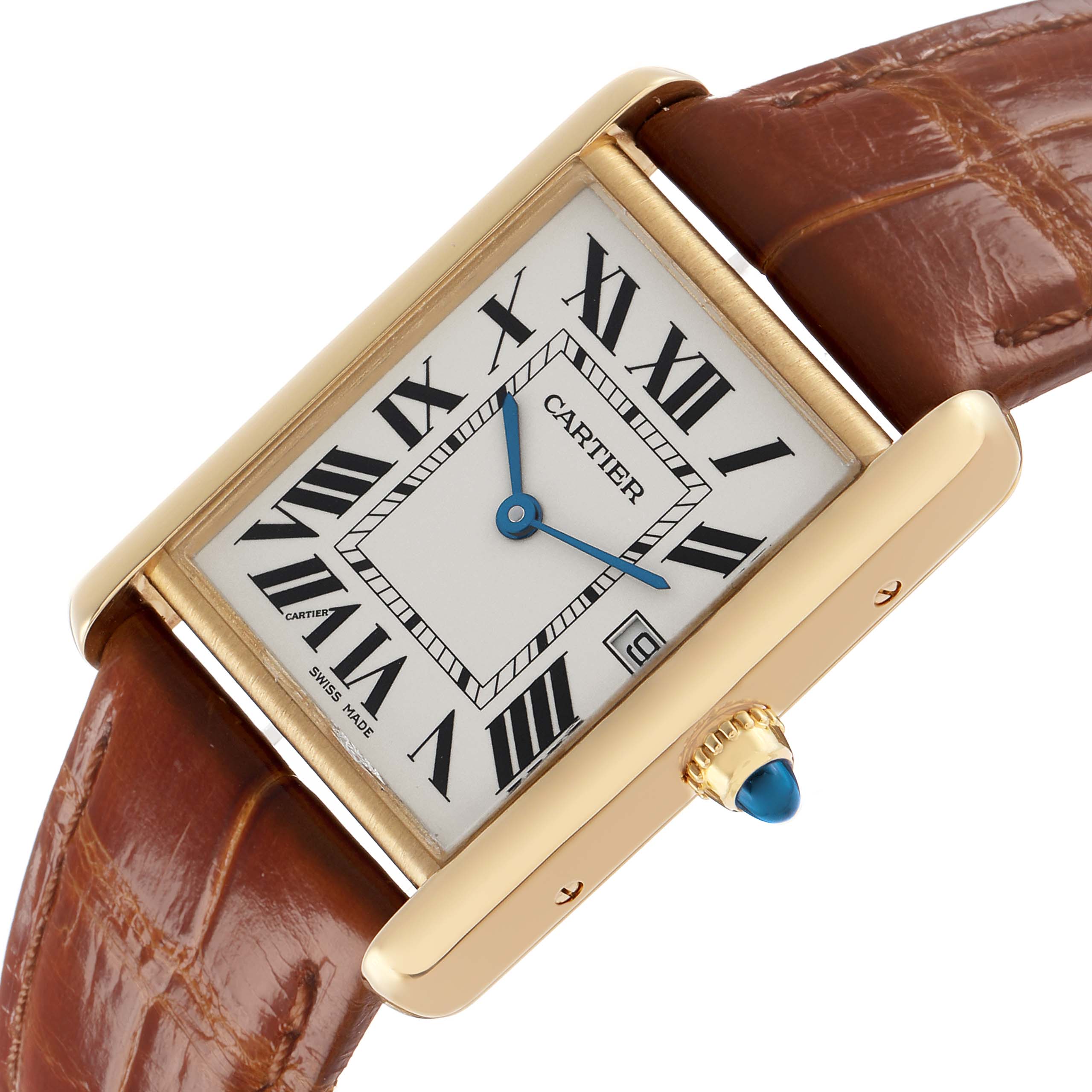 The Cartier Tank Louis W1529756 Men's Yellow Gold Silver Dial watch is shown at a slight angle, displaying the face, case, crown with a blue cabochon, and leather strap.