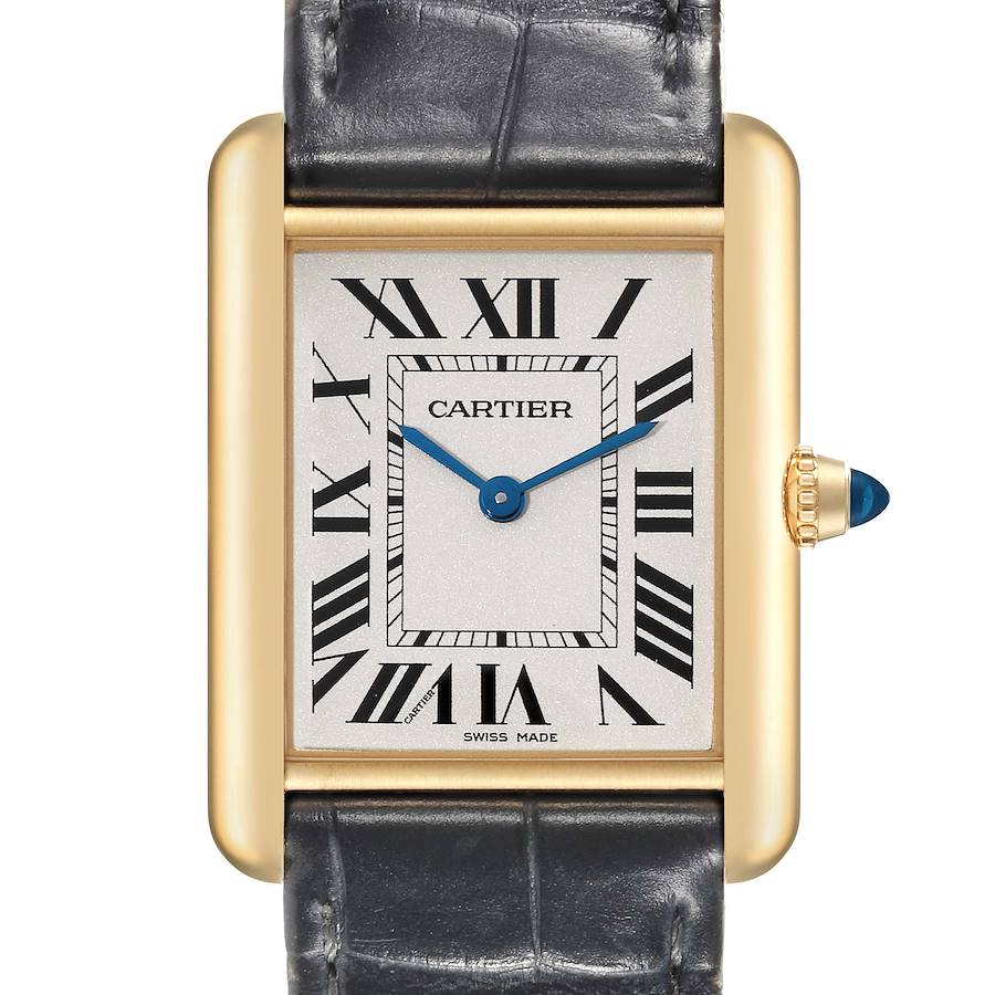 The Tank Louis model by Cartier is shown from the front, displaying its rectangular face, Roman numerals, and leather strap.