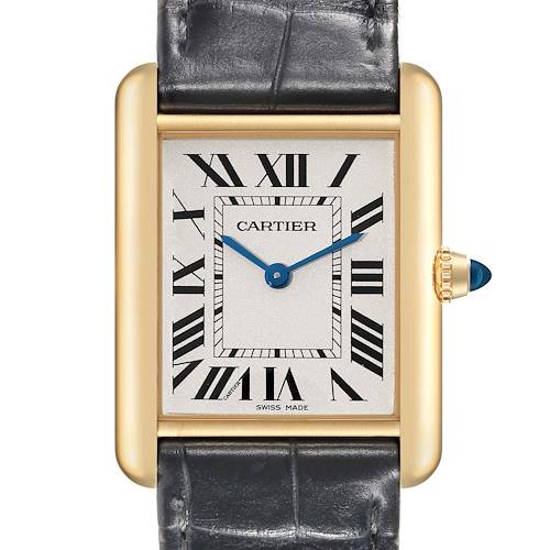 The Cartier Tank Louis watch is shown from a frontal angle, displaying the dial, case, and crown.