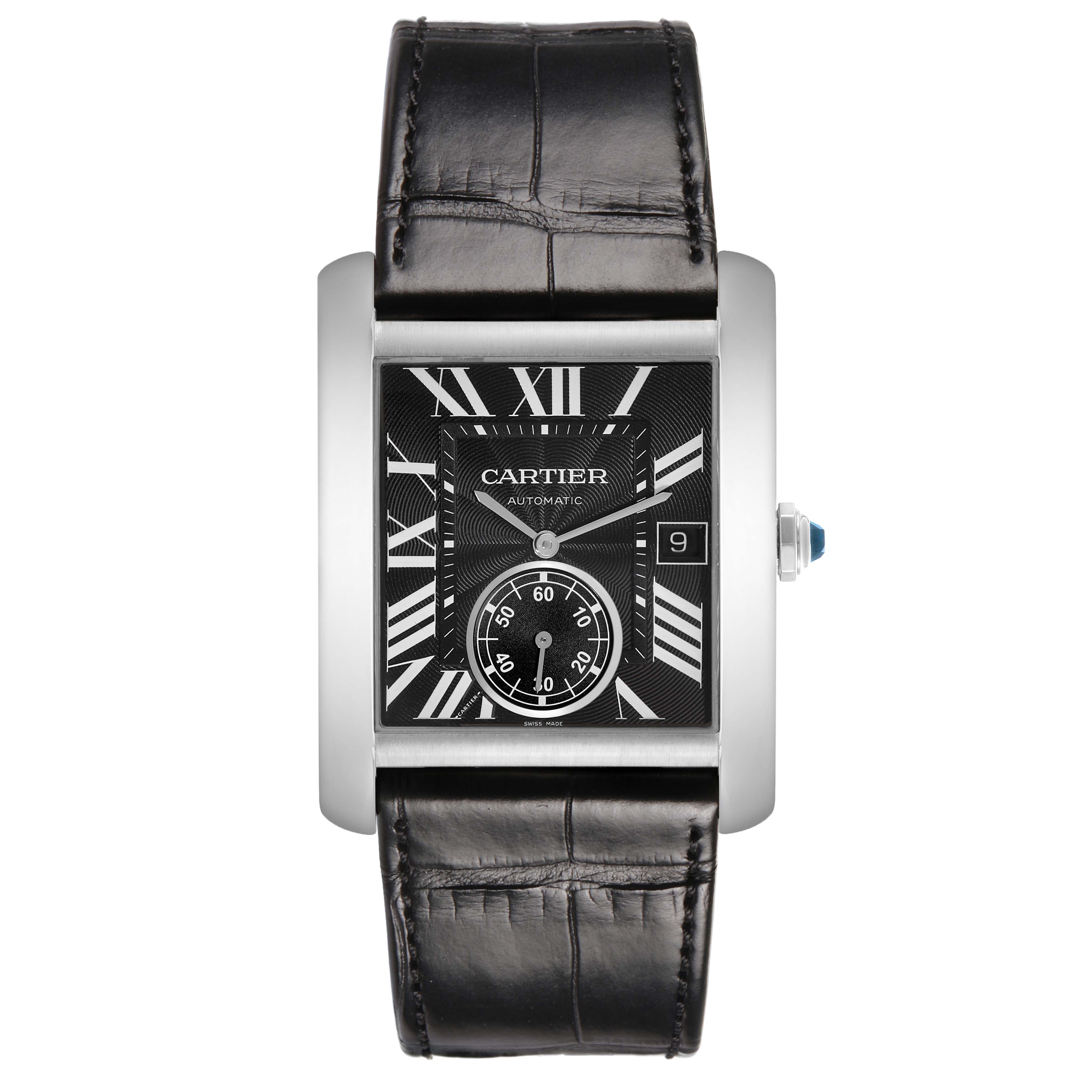The Cartier Tank MC W5330003 Men's Stainless Steel Black Dial watch is shown from a top-down angle, displaying the face, bezel, crown, and leather strap.