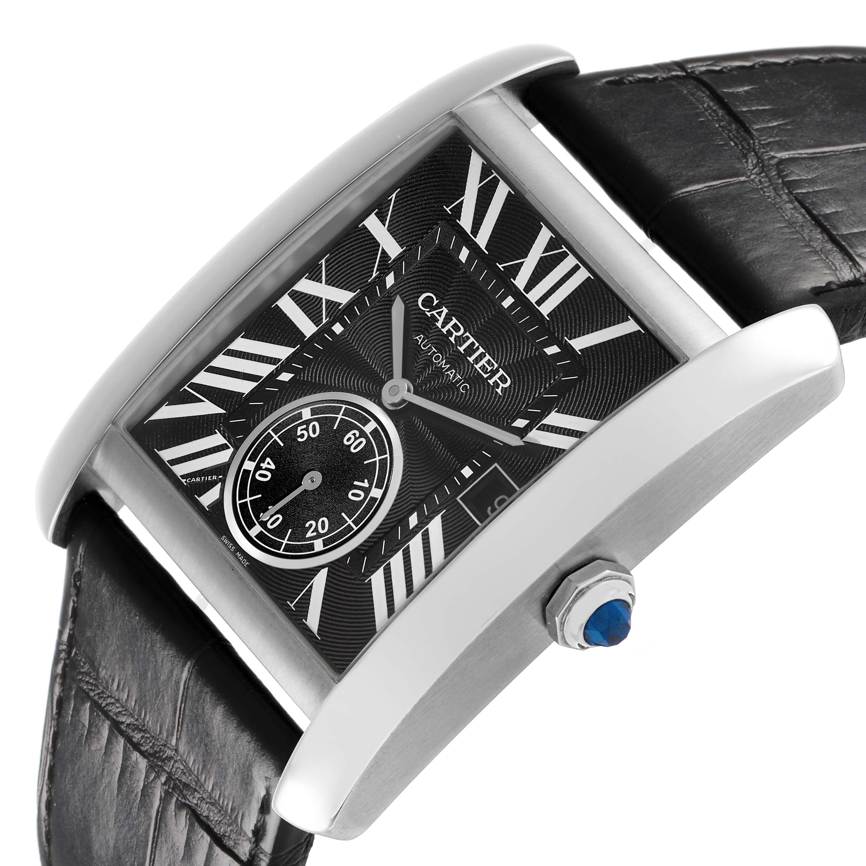 The Cartier Tank MC W5330003 Men's Stainless Steel Black Dial watch is shown at a slight angle, highlighting its rectangular case, black dial, crown, and strap.