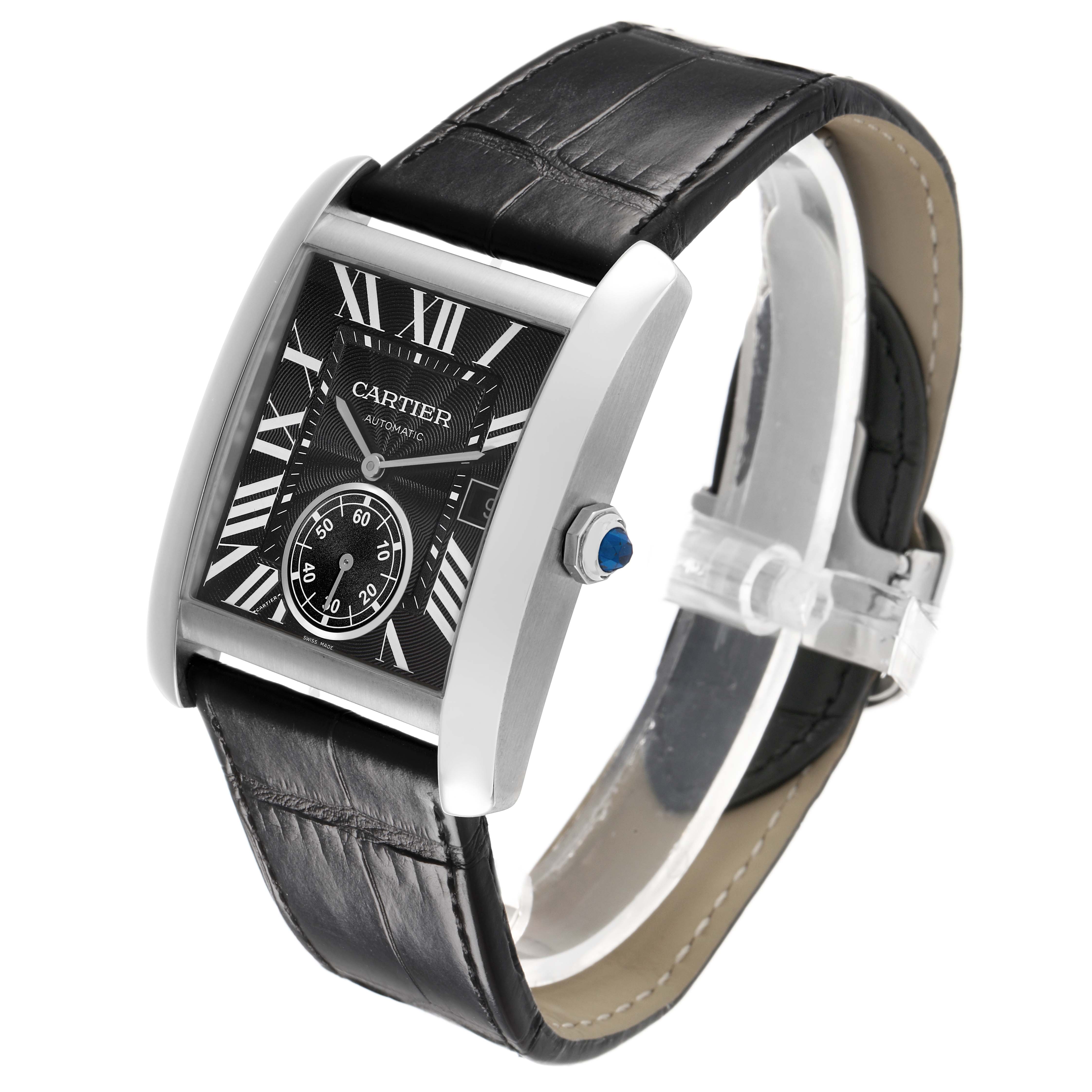 The Cartier Tank MC W5330003 Men's Stainless Steel Black Dial watch is shown at a three-quarter angle, displaying the face, black leather strap, and the crown with a blue cabochon.