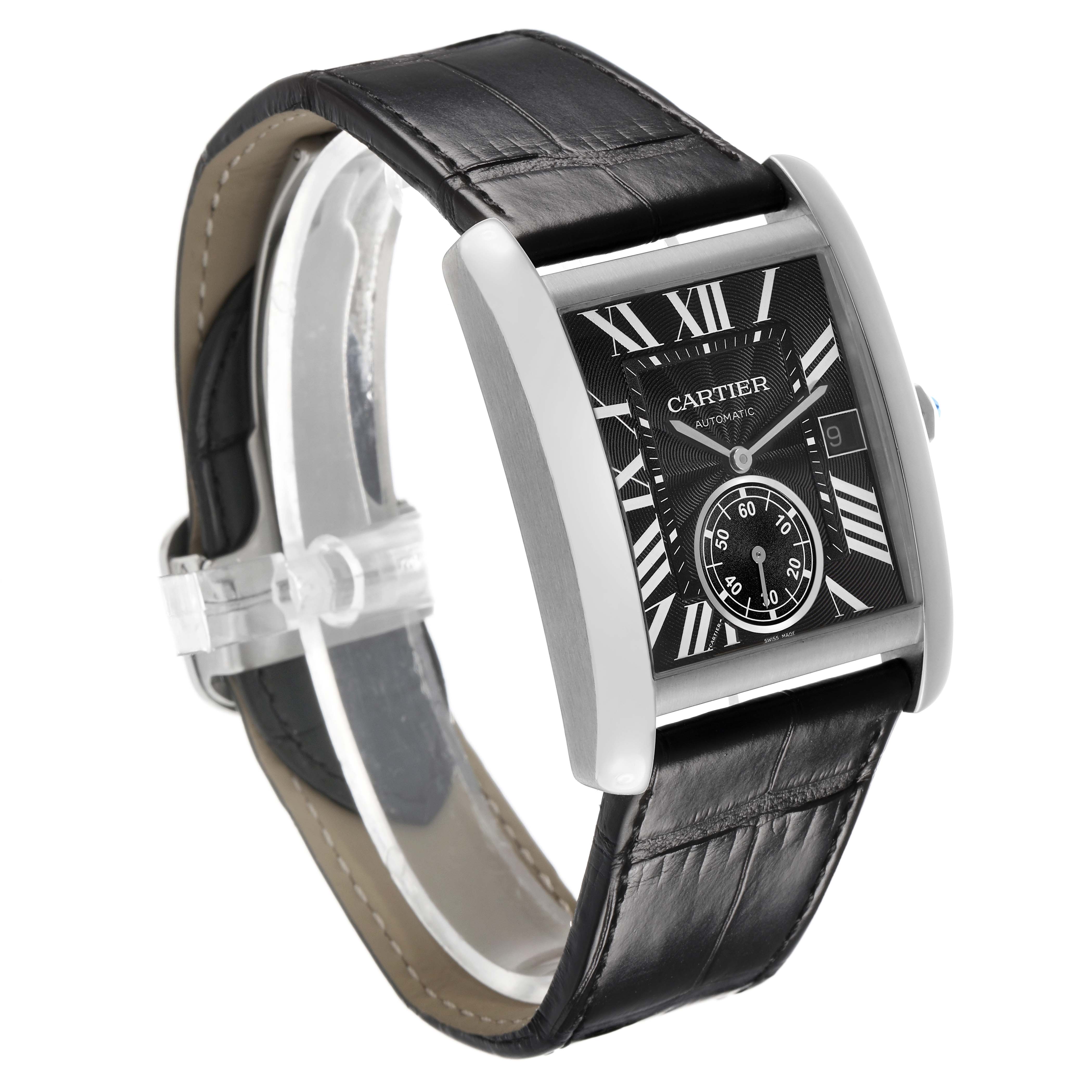 The Cartier Tank MC W5330003 Men's Stainless Steel Black Dial watch is shown at an angle highlighting the rectangular face, Roman numerals, and black leather strap.