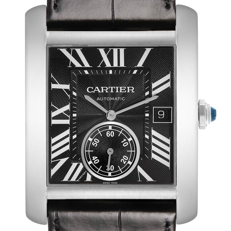 The Cartier Tank MC W5330003 Men's Stainless Steel Black Dial watch is shown from the front, highlighting its face, Roman numerals, date window, and crown.