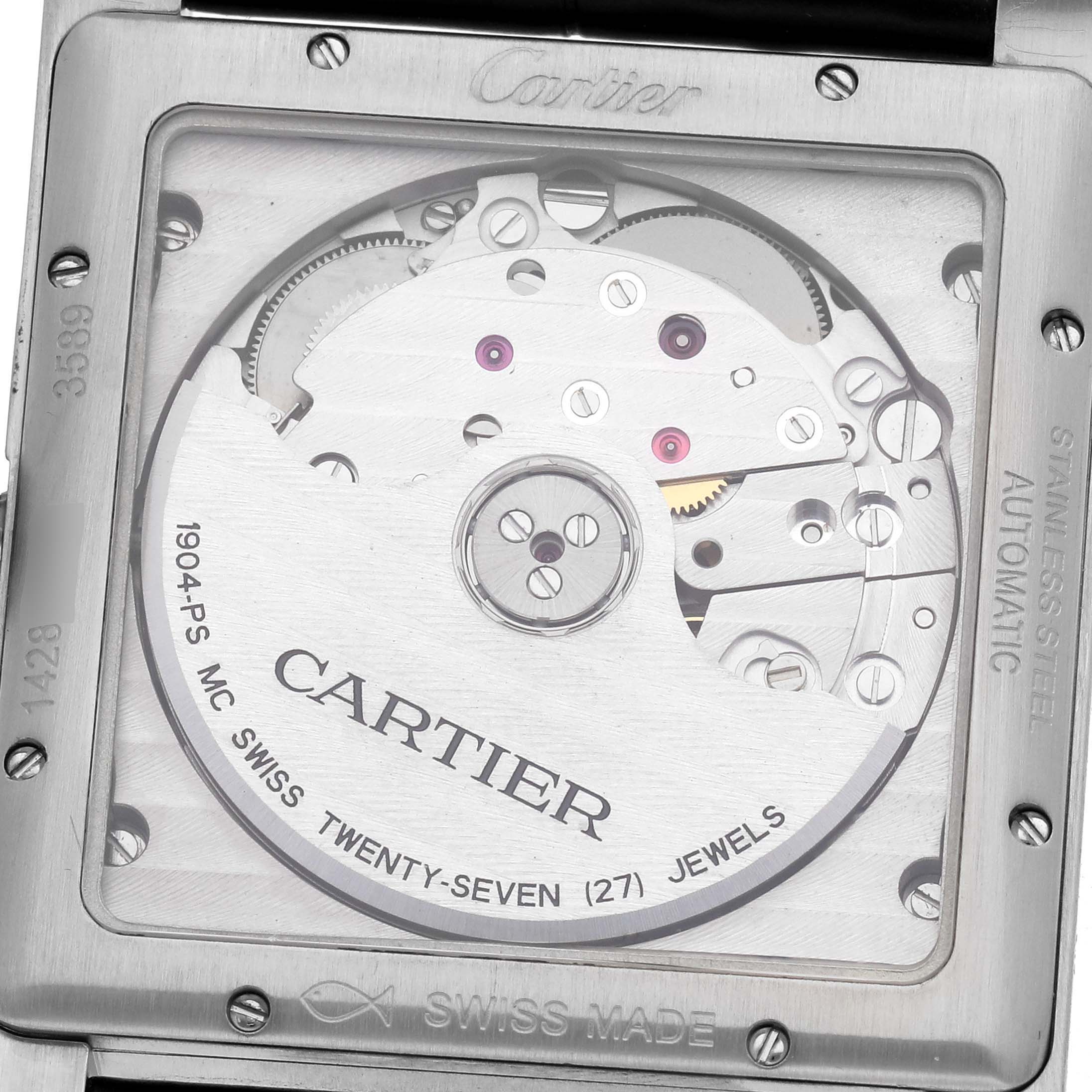 The image shows the back view of a Cartier Tank MC W5330003 Men's Stainless Steel Black Dial, revealing the automatic movement and jewel details.