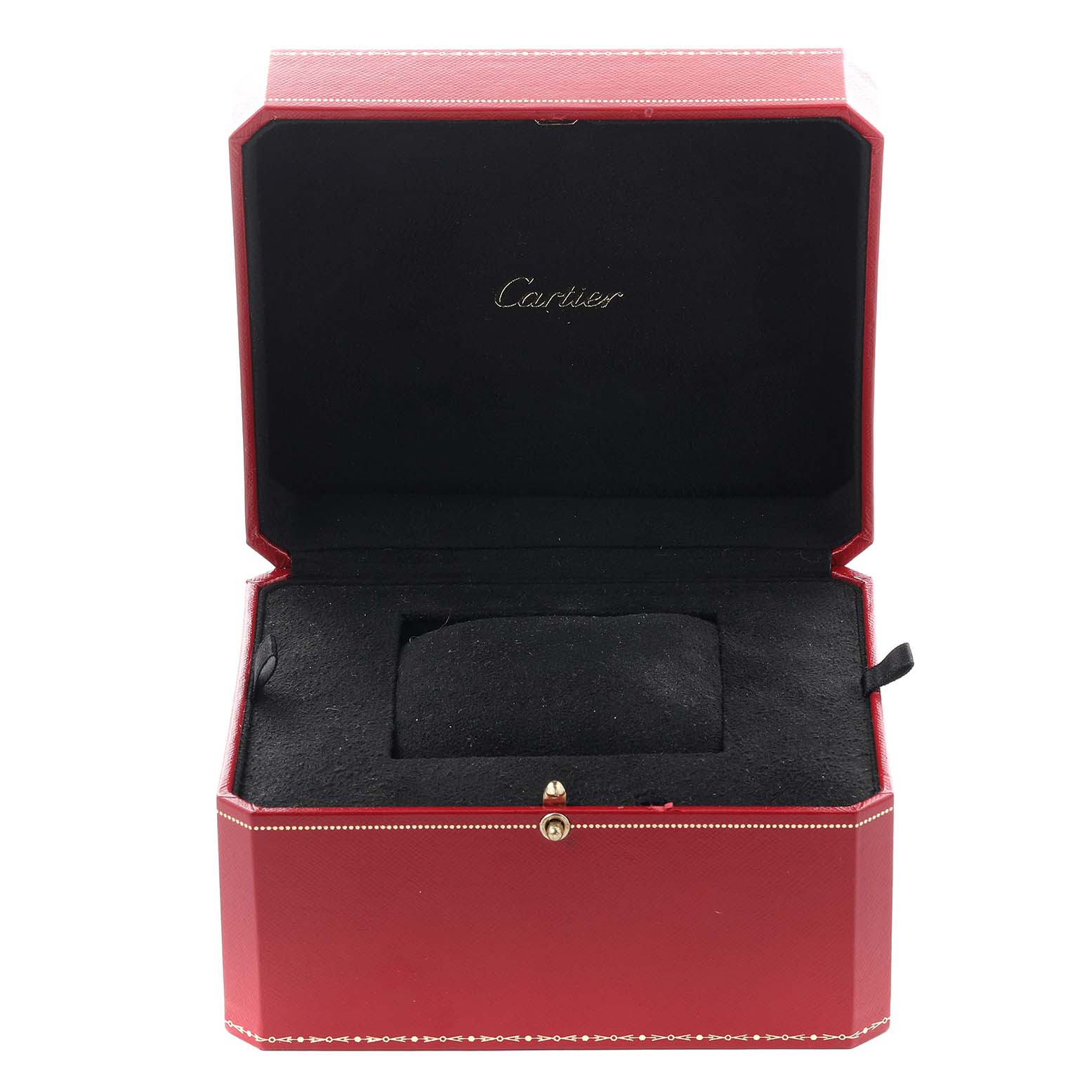 The image shows an open Cartier watch box for a Tankissime model, featuring a plush black interior and red exterior.
