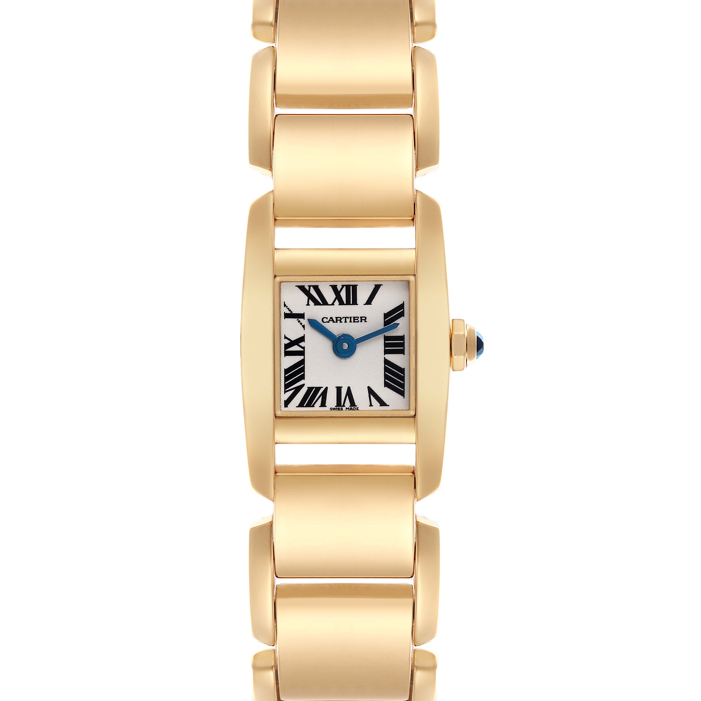 The Cartier Tankissime W650037H Women's Yellow Gold Silver Dial W650037H Women's Yellow Gold Silver Dial watch is shown from a front angle, displaying its face, bezel, and bracelet.