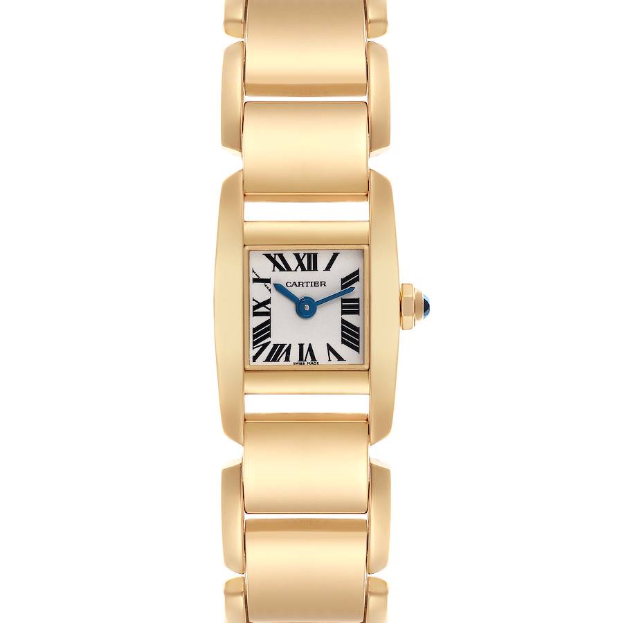 The Cartier Tankissime watch is shown from a front angle, displaying its face, bezel, and bracelet.