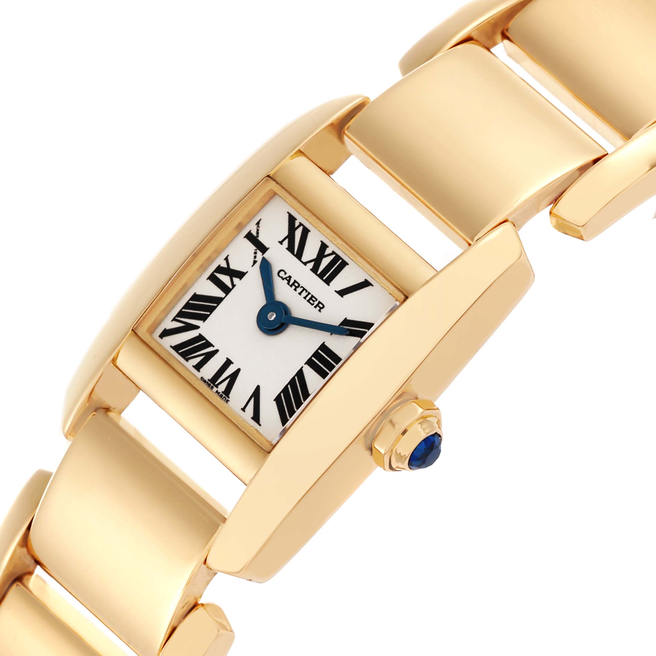 The Cartier Tankissime W650037H Women's Yellow Gold Silver Dial W650037H Women's Yellow Gold Silver Dial watch is shown at an angle displaying the face, bezel, and part of the bracelet.
