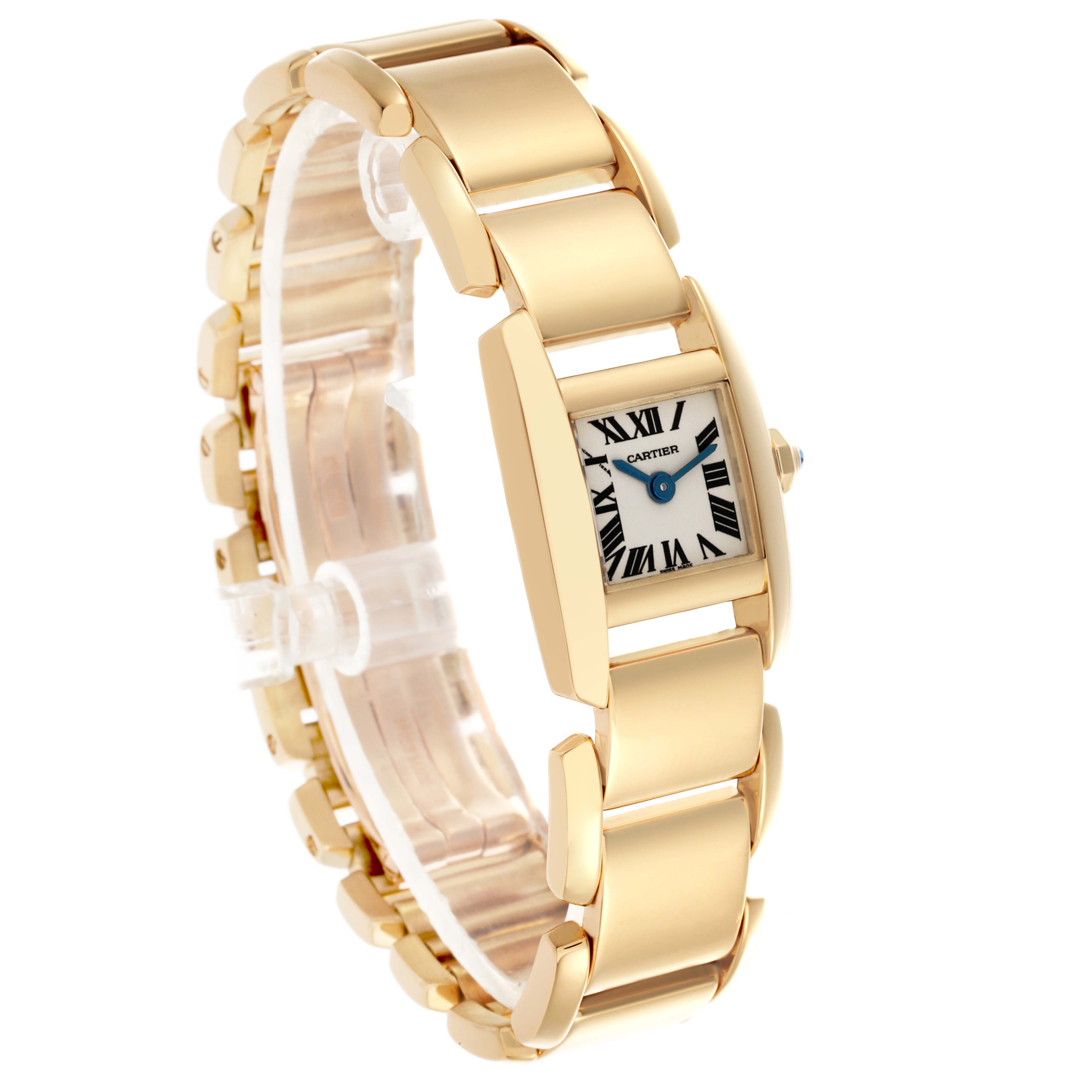 The Cartier Tankissime W650037H Women's Yellow Gold Silver Dial W650037H Women's Yellow Gold Silver Dial watch is shown at a slight angle, highlighting the face, case, and bracelet links.