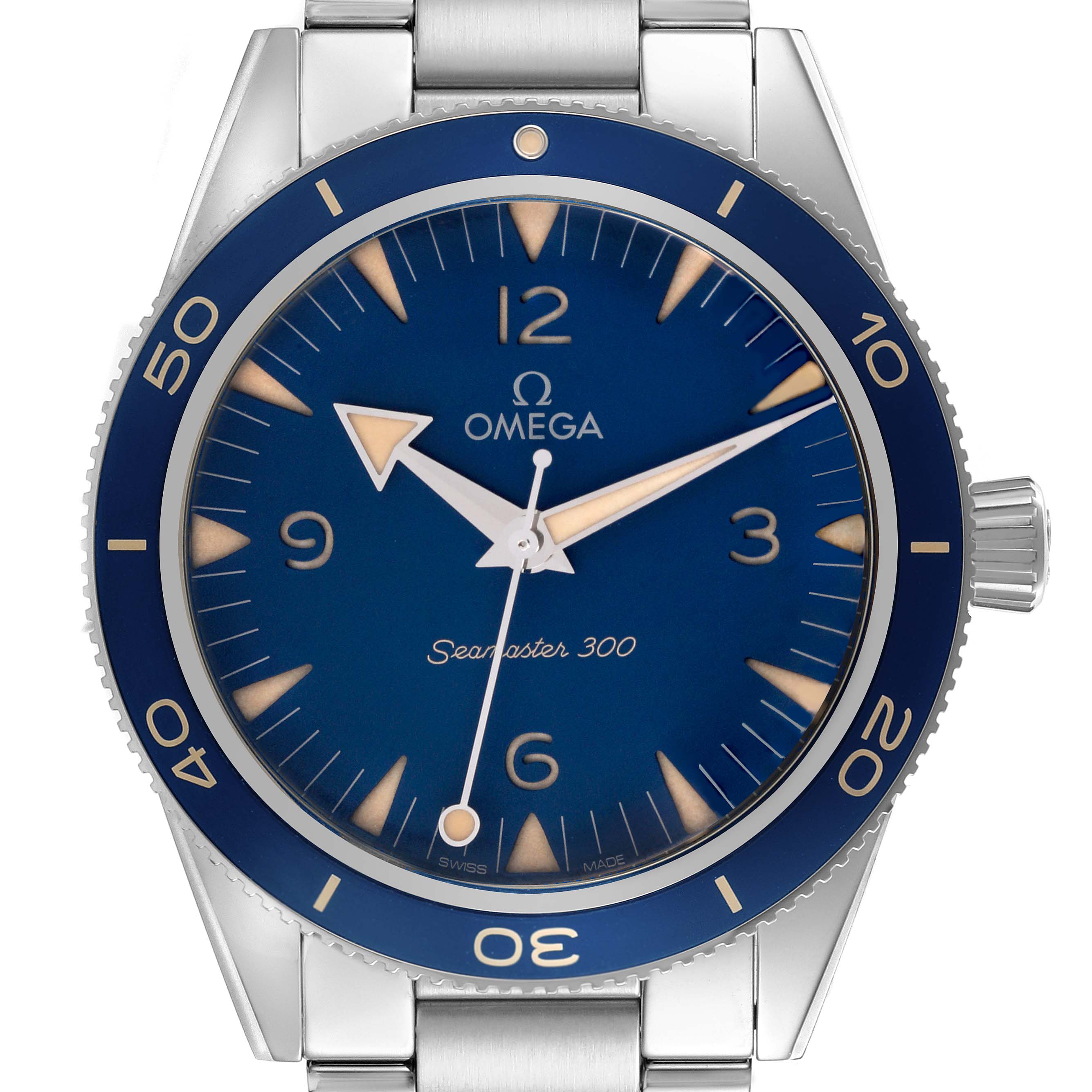 The Omega Seamaster 234.30.41.21.03.001 Men
s Stainless Steel Blue Dial 234.30.41.21.03.001 Men
s Stainless Steel Blue Dial watch is shown from the front, highlighting the dial, bezel, and part of the bracelet.
