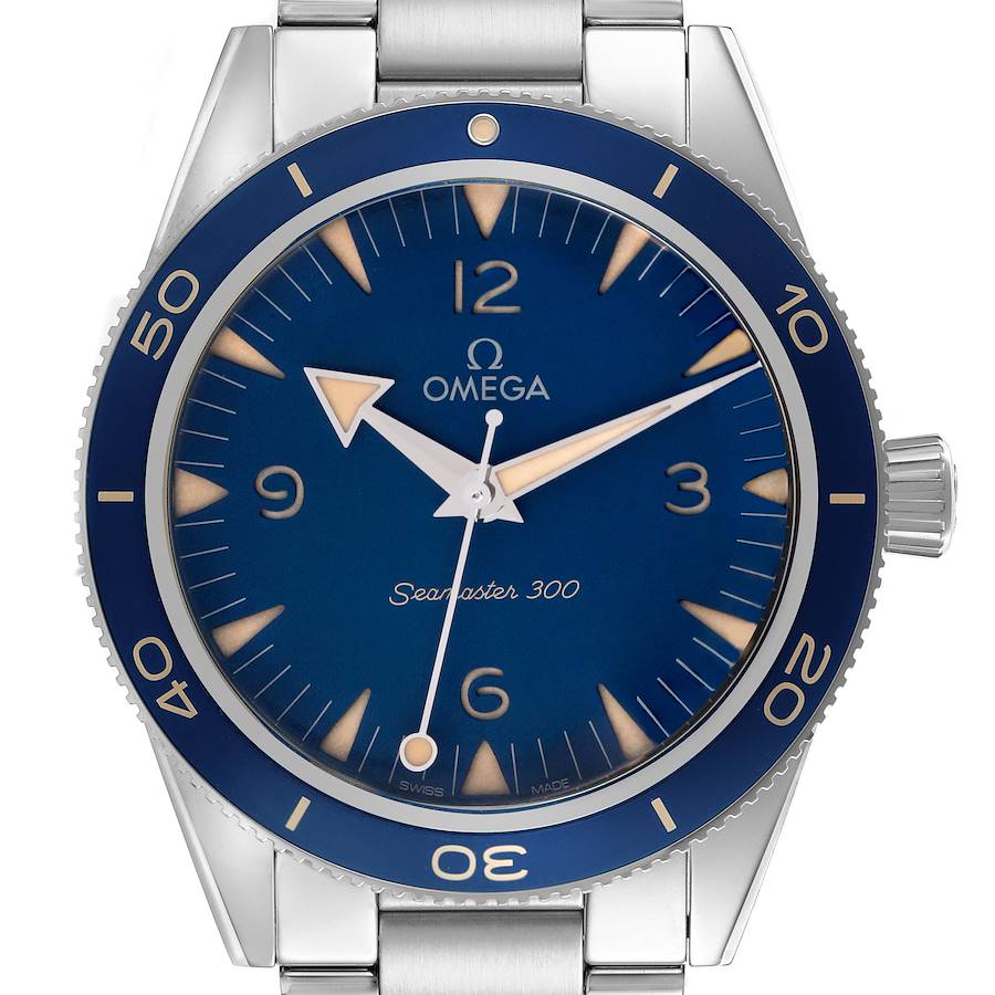 The Omega Seamaster watch is shown from the front, highlighting the dial, bezel, and part of the bracelet.