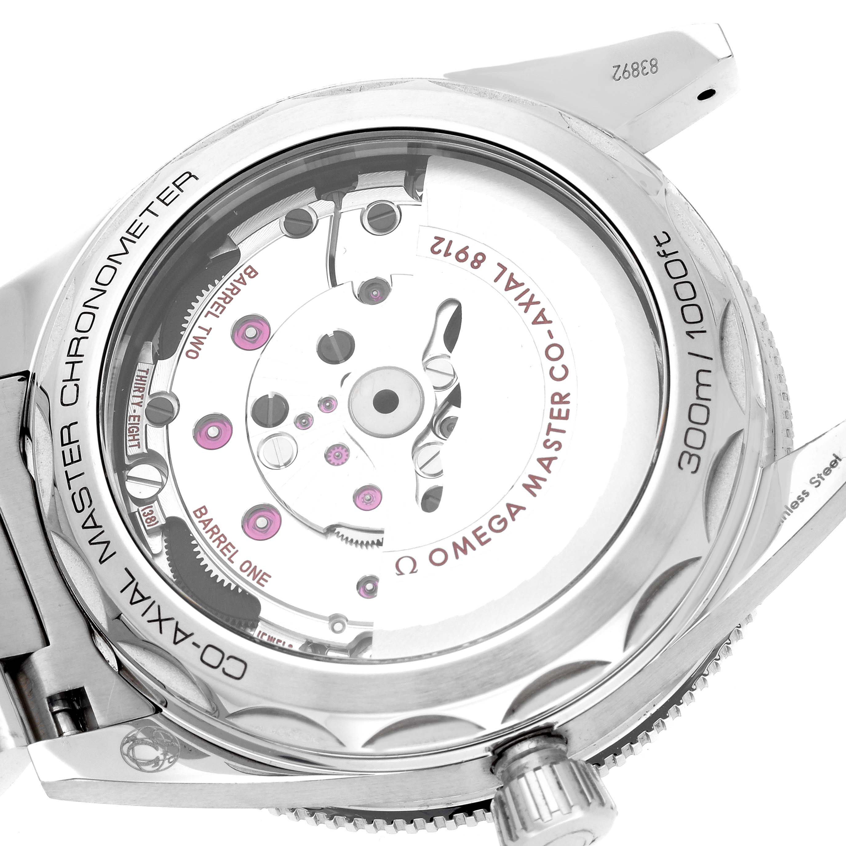 The image shows the back of the Omega Seamaster 234.30.41.21.03.001 Men
s Stainless Steel Blue Dial 234.30.41.21.03.001 Men
s Stainless Steel Blue Dial, highlighting its Co-Axial Master Chronometer movement.