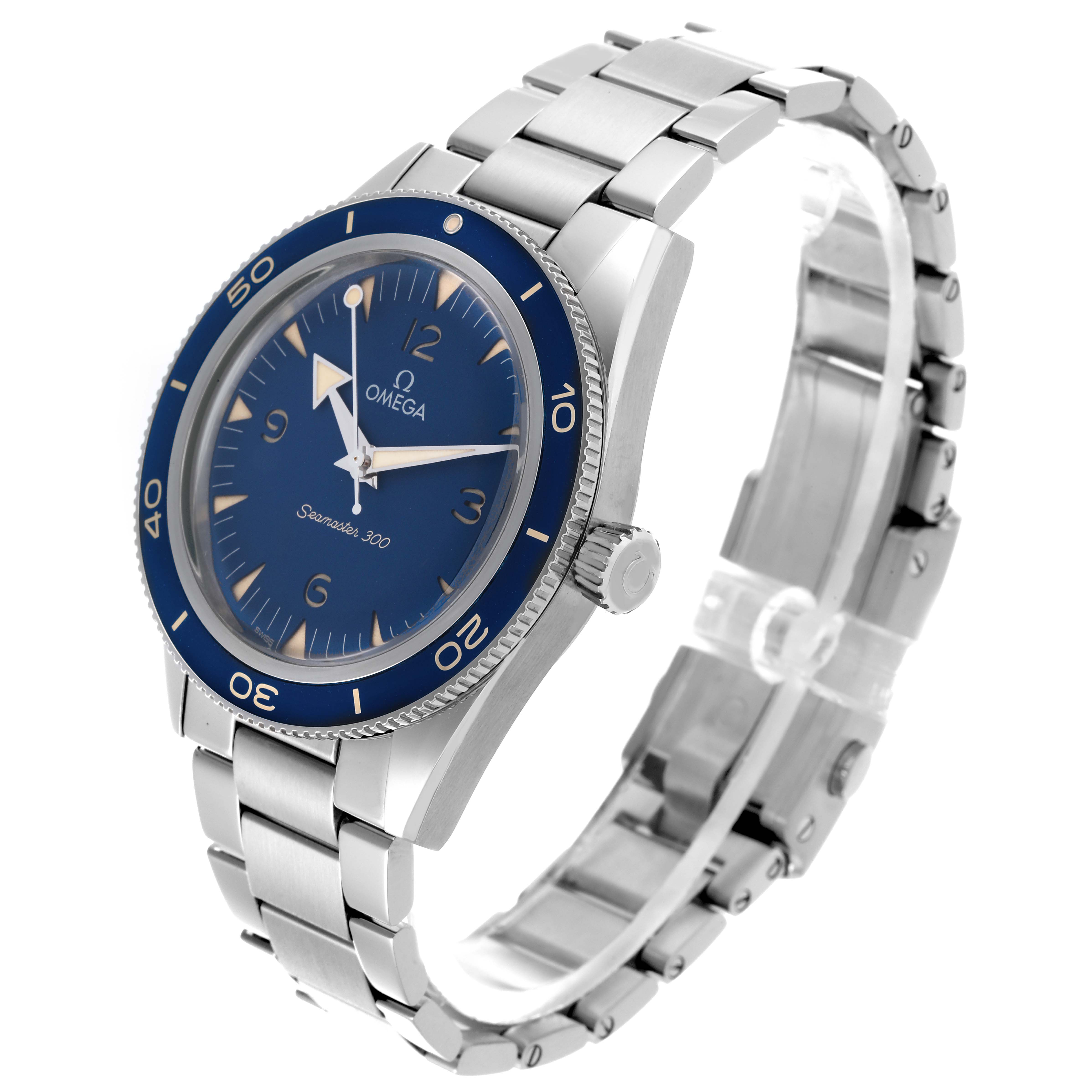 The Omega Seamaster 234.30.41.21.03.001 Men
s Stainless Steel Blue Dial 234.30.41.21.03.001 Men
s Stainless Steel Blue Dial watch is shown at a three-quarter angle, displaying the face, bezel, crown, and part of the bracelet.