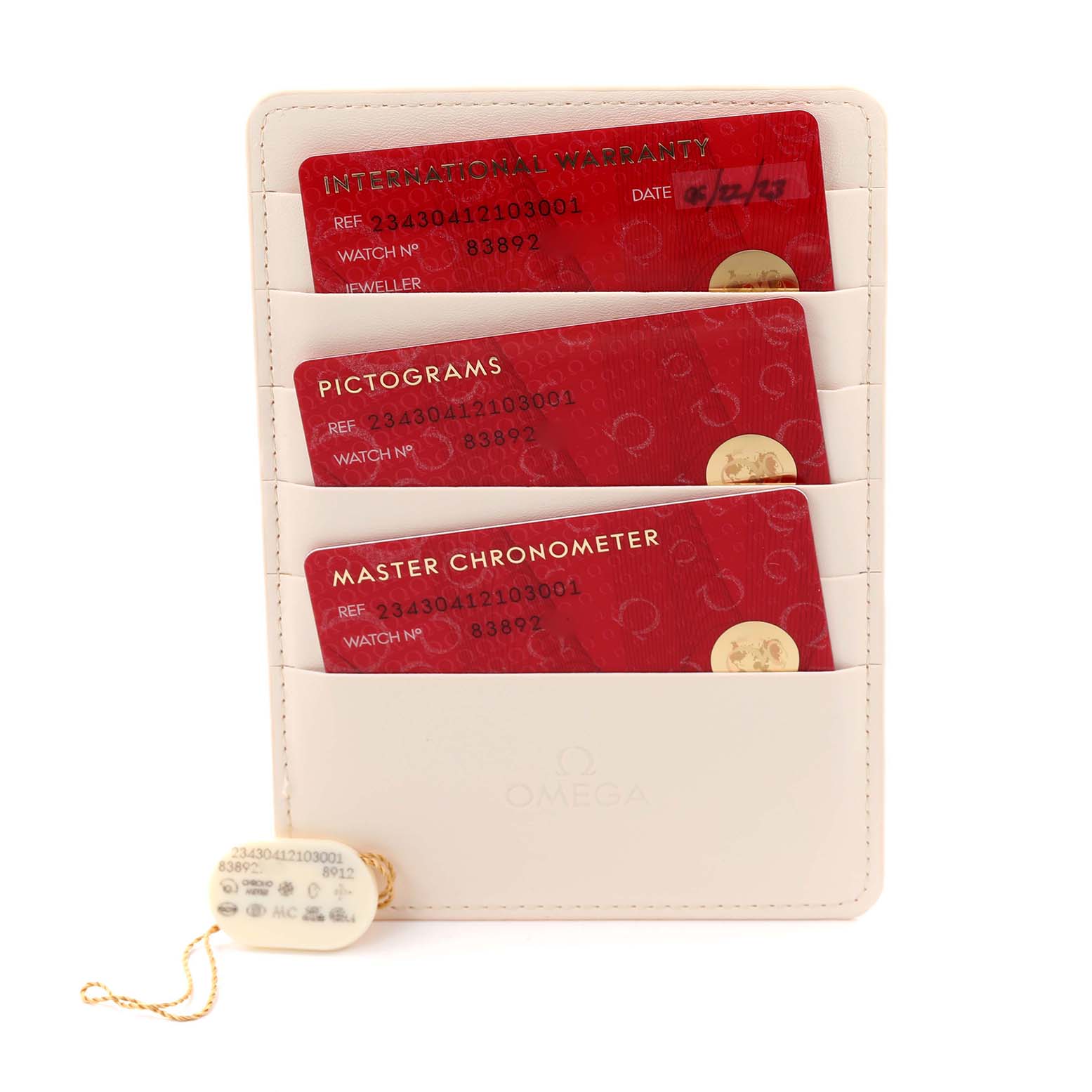 The image shows warranty and information cards for the Omega Seamaster 234.30.41.21.03.001 Men
s Stainless Steel Blue Dial 234.30.41.21.03.001 Men
s Stainless Steel Blue Dial, along with a tag, angled for full visibility of their details.