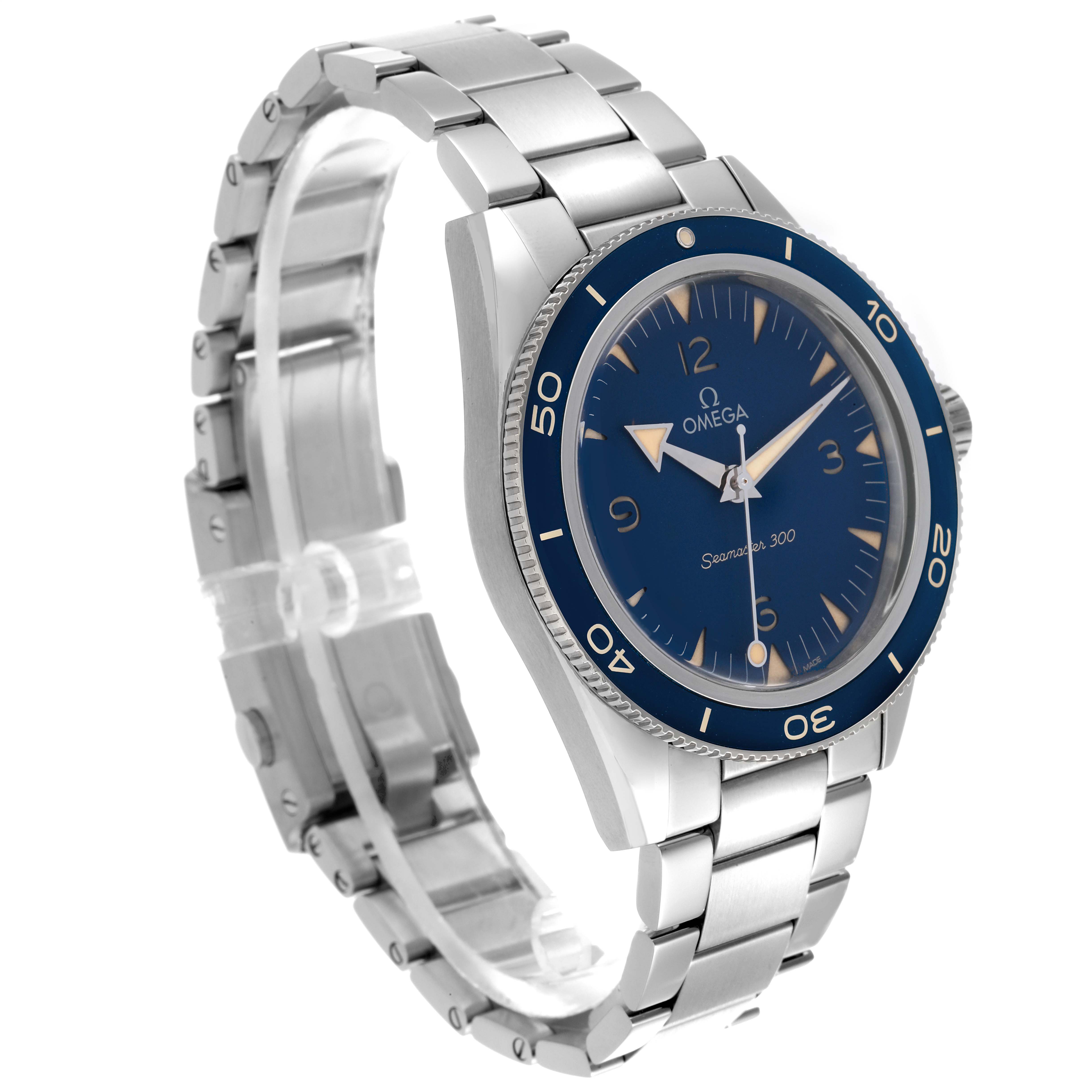 The Omega Seamaster 234.30.41.21.03.001 Men
s Stainless Steel Blue Dial 234.30.41.21.03.001 Men
s Stainless Steel Blue Dial watch is shown at a three-quarter angle, highlighting the face, bezel, and bracelet.