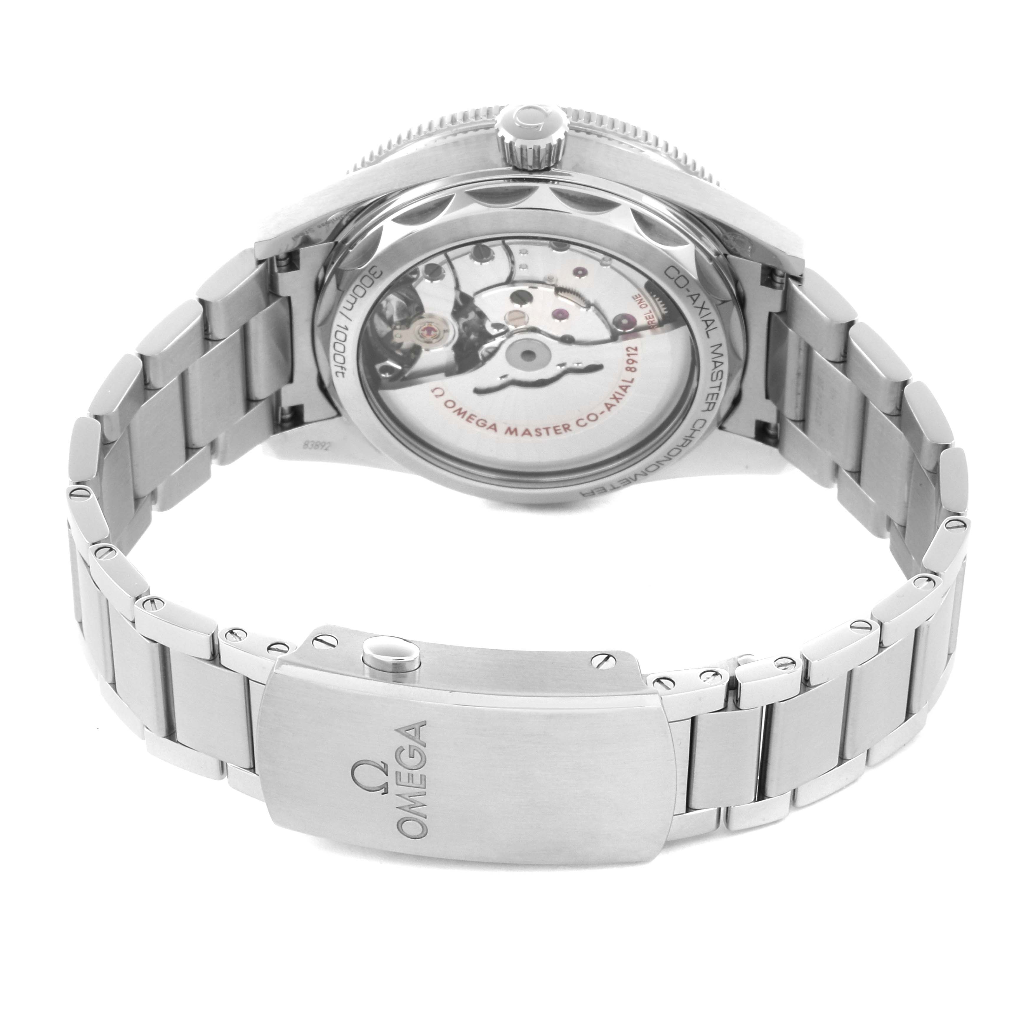 The image shows the back of an Omega Seamaster 234.30.41.21.03.001 Men
s Stainless Steel Blue Dial 234.30.41.21.03.001 Men
s Stainless Steel Blue Dial watch, focusing on the open case back and metal bracelet.