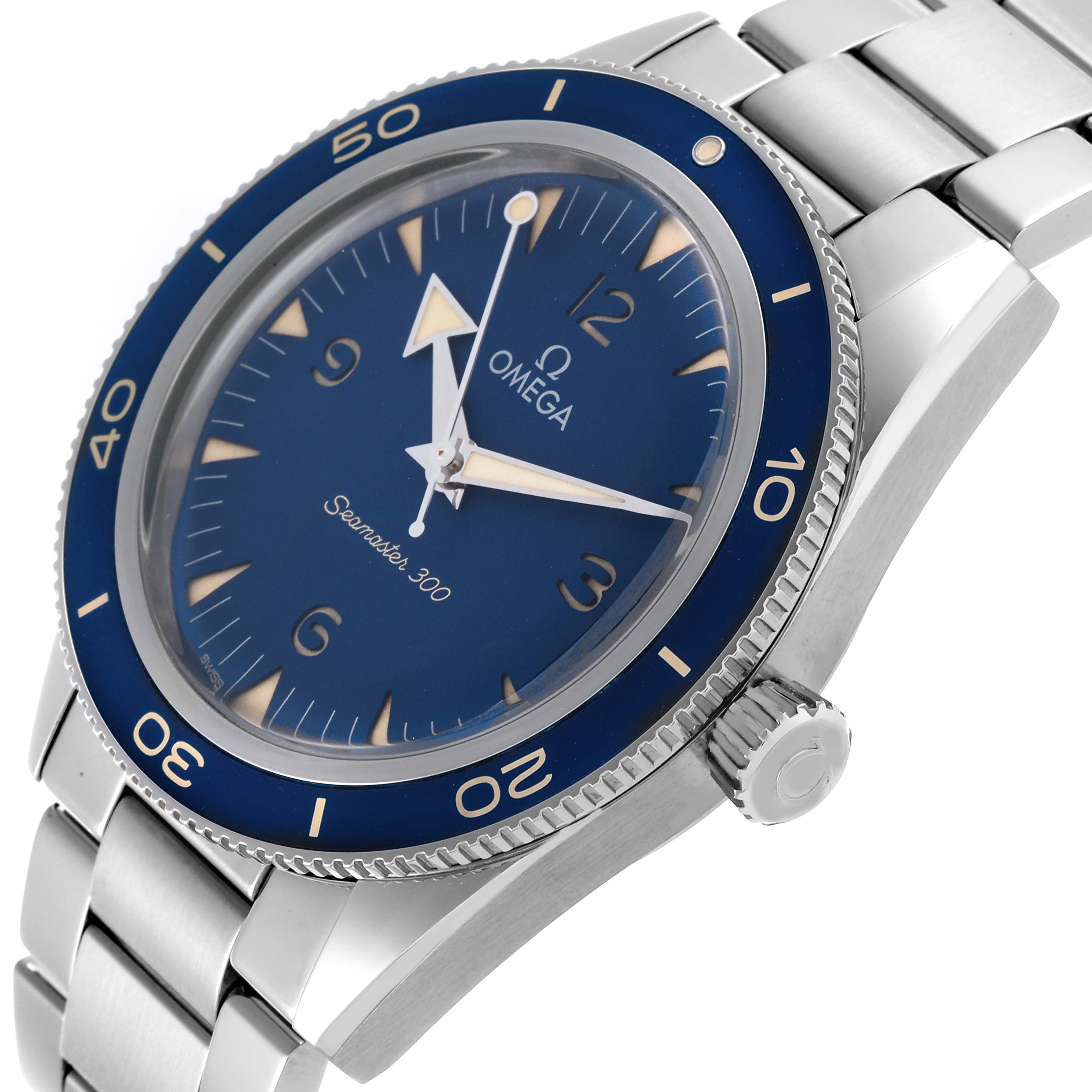 The Omega Seamaster 234.30.41.21.03.001 Men
s Stainless Steel Blue Dial 234.30.41.21.03.001 Men
s Stainless Steel Blue Dial watch is shown at an angle highlighting the face, bezel, crown, and stainless steel bracelet.