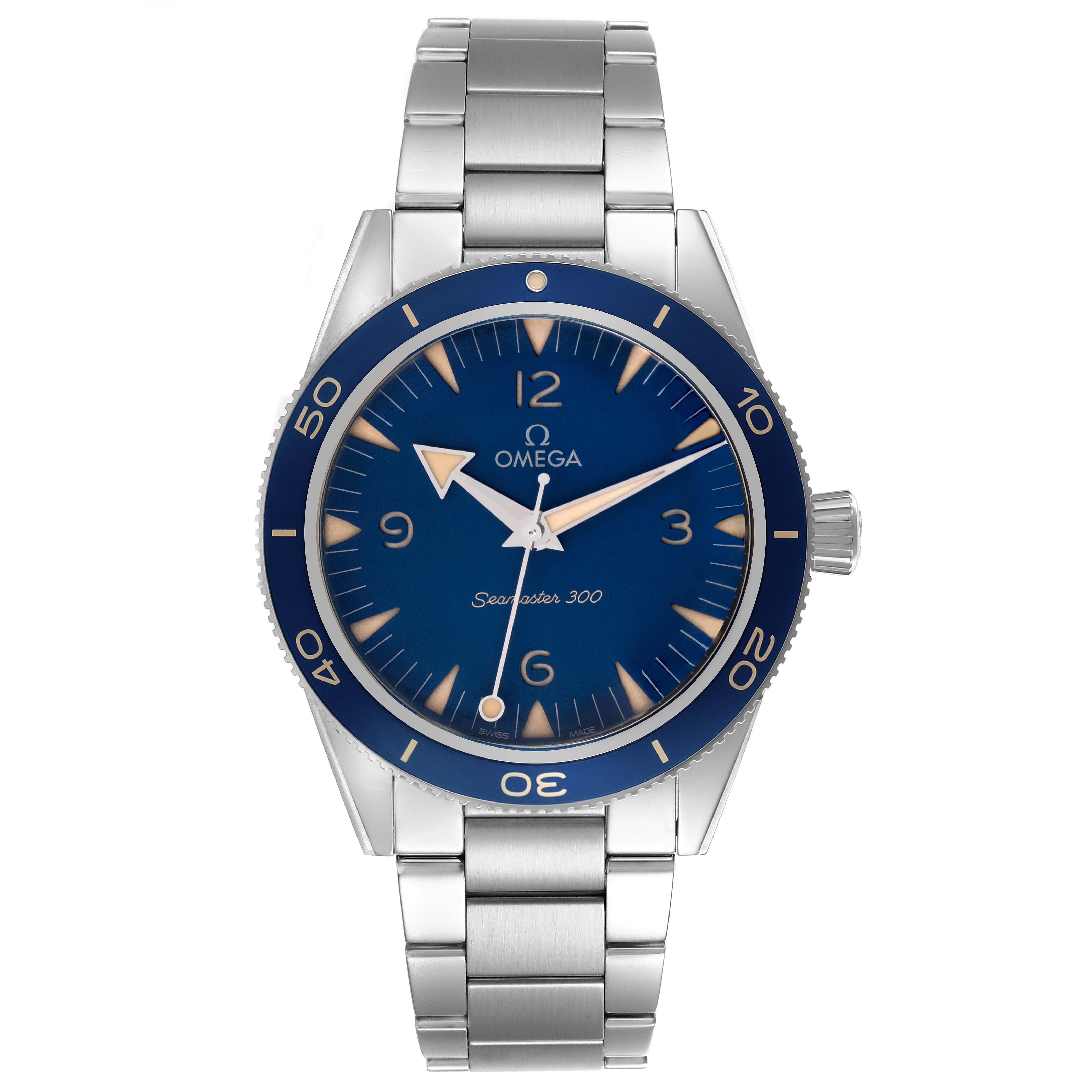 The image shows a front view of the Omega Seamaster 234.30.41.21.03.001 Men
s Stainless Steel Blue Dial 234.30.41.21.03.001 Men
s Stainless Steel Blue Dial watch, highlighting its blue dial, bezel, and silver bracelet.